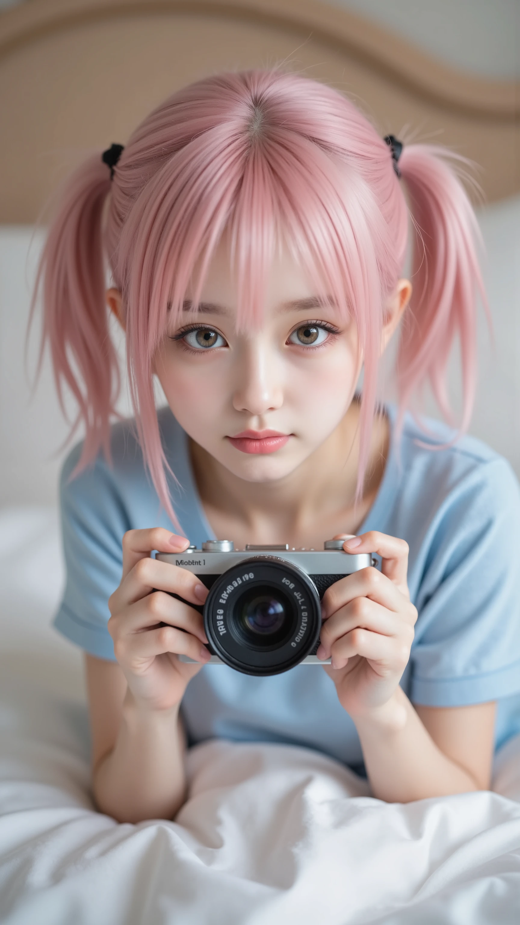 pink haired anime girl lying in bed wearing a blue shirt, charming anime girl, cute anime girl, Detailed Digital Animated Art, cute realistic portrait, Soft Animated Illustrations, Gwyds, do, best anime 4K Kona-chan wallpaper, Beautiful Anime Girls, artwork in the style of Gwyds, holding a camera and taking pictures smooth animated CG art, (Detailed Handshake:1.3, Perfectly Right Hands:1.3), (Detailed Eyes and Faces:1.2), (perfect ), (top quality, best quality, 傑do), photoreality, Ultra High Definition