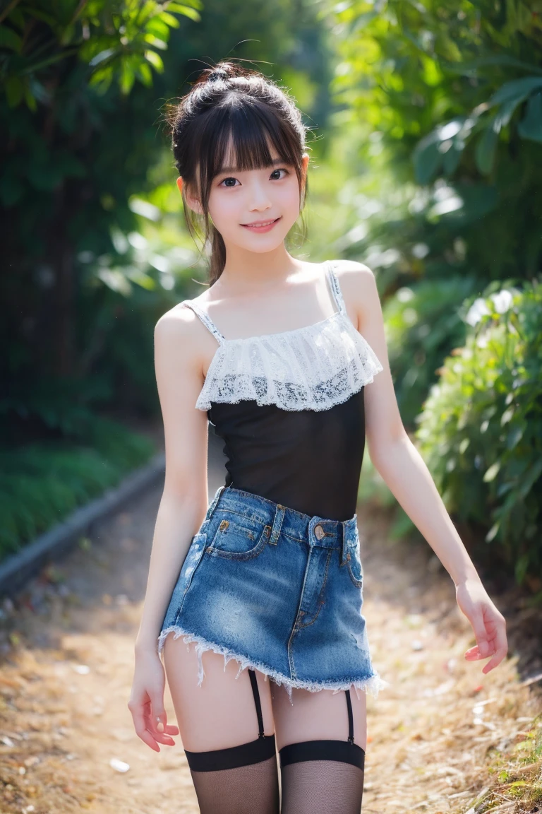 ((top-quality))、 ((masuter piece))、超A high resolution、Raw photo、intricate-detail、proffesional、foco nítido、Photorealsitic、Real life、surrealistic、photorealisim、Silhouette Light、finely detail、Highly detailed CG Unity 8K wallpapers、erfect artwork、Depth of field is deep、No perspective、细致背景、shinny hair、radiant eyes、shinny skin、realisitic、Looking at the camera、Very delicate and cute、Cute detailed girl、pure、cute large eyes、Facial Lights、Cinematic lighting、Transparent material、realistic representation of face、（intricate detailes)、no-makeup、（delicated face、Delicate eyes and face）Detailed skin、Best ratio of four fingers and one thumb、(flat-chest: 1.4)、short torso、Transcendental thin legs、Transcendent small butt、((独奏))、light、Very young face、Innocence、Facial Highlights、Professional Writing、女の子1人、White lightweight tank top with thin fabric、White Sheer Light Shorts、Back lighting、((Stand facing the front))、Hands on the hips in the style of models、florals、((non-blur))、Skinny style、((Knee shot))、((12year old))、(Beautiful pitch black shiny one-tail medium hair:1.4)、(Super beautiful girl with cute loli face:1.6)、Short stature、Beautiful shiny black hair、((Super petite and super slender girl))、((A true transcendent beautiful girl with ultra-young Japan))、Plump round face、Small face and small nose、Healthy face、Soft lips、pale cherry colored lips、(rather thin eyebrows: 1.4)、shiny large black eyes、big eye、(The corners of the mouth rise:1.4)、Clothes are see-through、Protrusions、erect through、(Shy smile:1.8)、less clothing、no sleeves、Eyes for hollow details、Floating hair、large eyes that are symmetrical、hair clips、No face makeup、