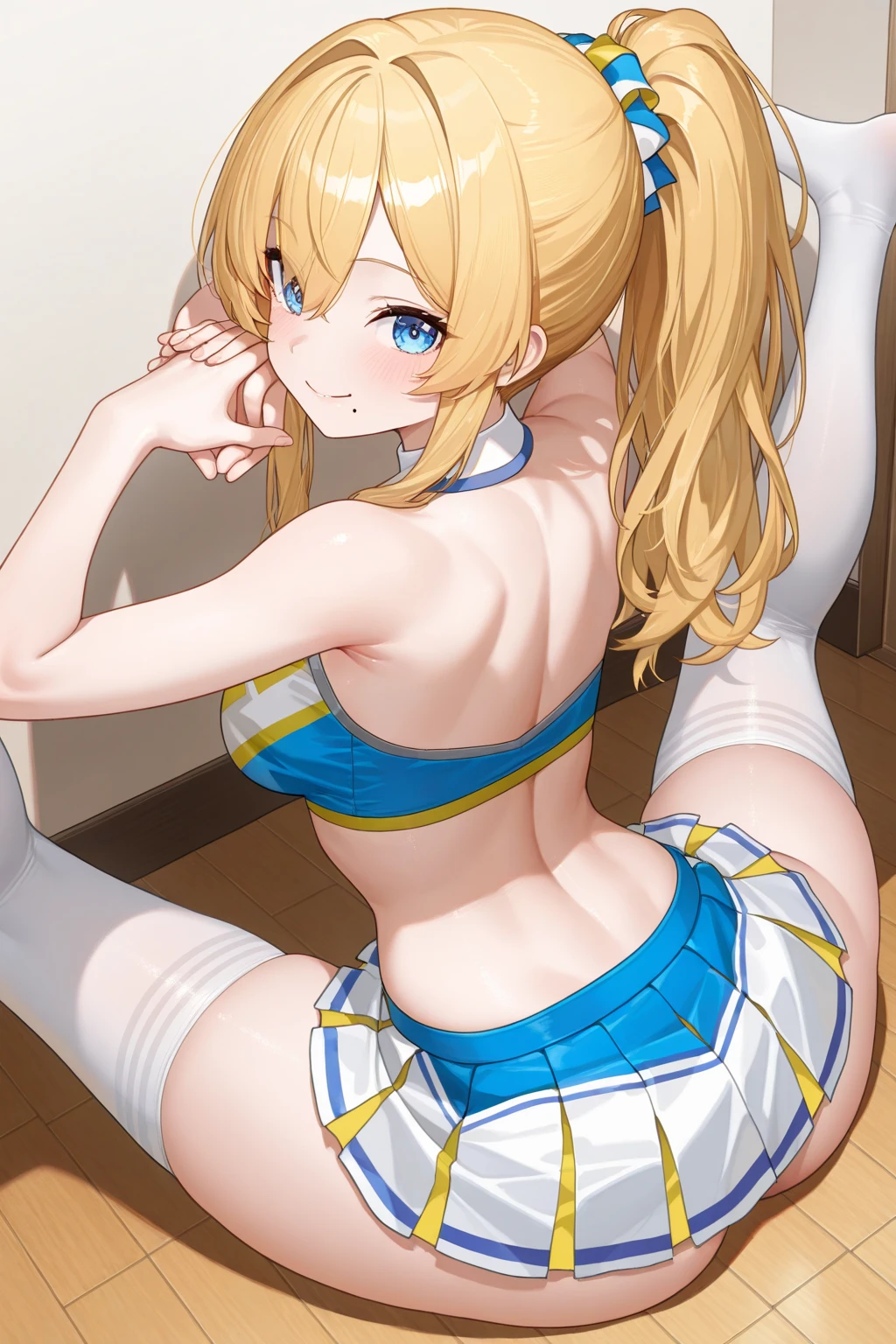 8K, 4K, highest quality, High resolution: 1.2), (masterful, realistic, Photoreal: 1.4), 1 woman,  Older sister's atmosphere、beautiful face, she has a bright smile、open your mouth、Shining Lipin Eyes, beholder, Fair skin, white skin: 1.5), Fine complexion, big, big,  blonde hair、headband bangs, ,  young, s asack-view、BIG ASS、super breasts、H cup、lower hair、Rear view、exposed nipples、T-back that digs into your butt、wear a white thong、emphasize the buttocks、White Calvin Klein T-back、CalvinKlein、cute long hairstyle、wear high heel boots、Calvin Klein underwear only、topless、