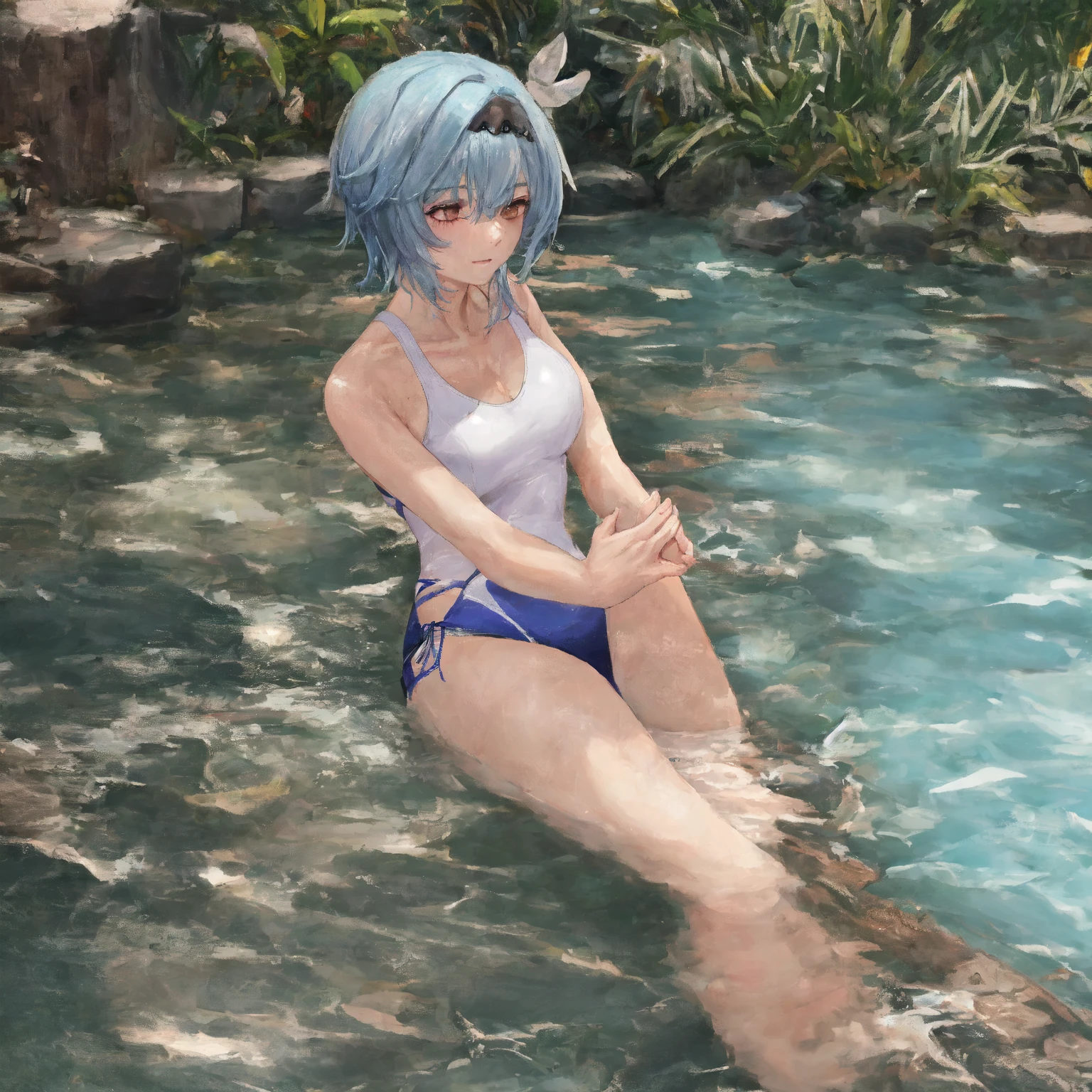 (NSFW:1.1),, Masterpiece, Best Quality, Ultra High Definition, Best Resolution, Very Detailed, Professional Lighting, Clean Skin,
slender, very cute, young face, rather small breasts, 1girl, little girl, bright eyes, highlights in the eyes,
Watch viewer, from below, lower breasts, no bra, sheer underwear, wet body ,tiger print micro bikini, (grabbing own breasts:1.2),
sitting, legs open, legs raised, watered, splashing, sweat droplets, jungle, river, blue sky, sunlight, rainbow, varginal hole,
