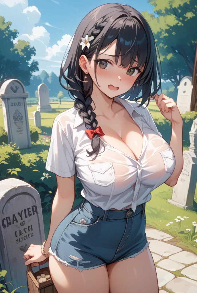 1 girl, alone, long hair, Large Breasts, cleavage, Brown eyes, OK, purple hair, Black skirt, ,Short skirt,  , Mature female, widow, :D, (masterpiece: 1.0), (最OK_quality: 1.0), silence，rain，cloudy day，Cemetery