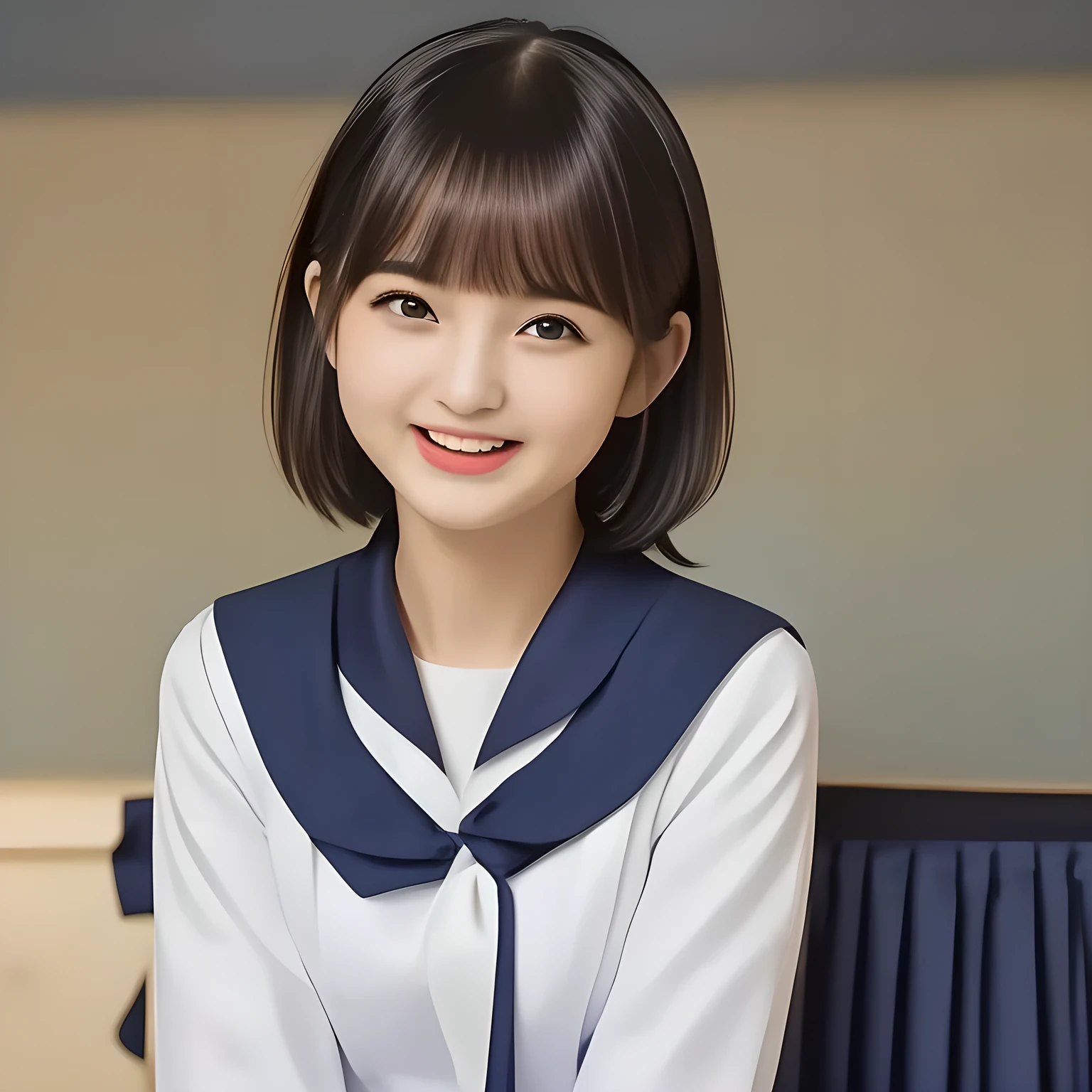 (highest quality, masterpiece, clearly detailed:1.5), highest quality, High resolution, 1080p, 8K, (Too beautiful ((purest)) ((sweetest and cutest)) ((beautiful girlish and Evolved with grace)), ((Too much beloved)) noble grown beautiful beautiful girl with detailed, Japanese, 155cm height, ((svelte silhouette)), Cloistered beauty, dreamy appearance, with detailed: 1.7), (laughing white face with unreal beauty, overflowing with translucence: 1.8), (Pristine navy colored school uniform, (Neatest (navy colored) sailor-style school uniform, shiny-blue ribbon, school navy pleats skirt with detailed): 1.8), (Too beautiful ((cute large droopy brown prominent eyes)), ((prominent eyelid)), and neatness charm the viewer), ((purity and neatness of pristine uniform is very impressing), focus on her beautiful face with detailed: 1.8), (black bob styled hair, bangs trimmed carefully, neat tight long hair: 2.0), (in secret uniform changing room of school underground background, with many many skirts on the wall: 1.0)