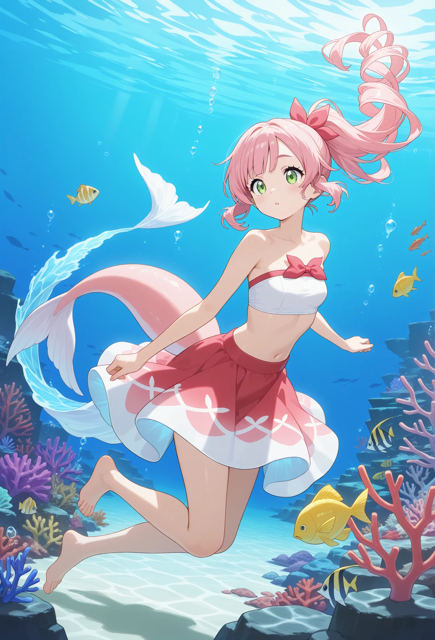 Beautiful illustration、top-quality、girl with、Pink hair、length hair、The bikini、A slight smil、((dynamic ungle))、(((Delicat eyes)))、beautiful ocean、Swim with tropical fish