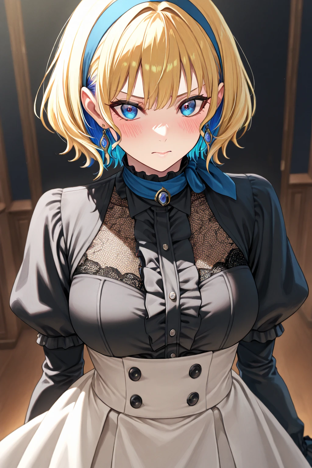 High resolution, Highest Quality, ultra-quality, Super Detail, A hyper-realistic, Photorealistic, Anime, Illustration, Fantasy, Northern Renaissance style, Super Cute Witch, Mysterious, Enchanting, Big blue eyes, Up braided hairstyles, Blonde hair, , perfectly proportions, Full body, Black long skirt maid clothes and veils, Black pantyhose, Northern Renaissance style in the background, Kaleidoscope, the royal palace