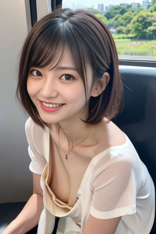 ((masterpiece)), ((Highest quality)), ((Complex)), ((Surreal)), (Realistic), (Mature Woman), ((There are no classes)), Very detailed, (1 female), Beautiful and exquisite, (Beautiful Teeth), Grin, Brunette Bob Hair, Brown eyes, ((blouse)), (Upper Body), (background:none), Perfect Eyes, Captivating eyes, Looking at the audience