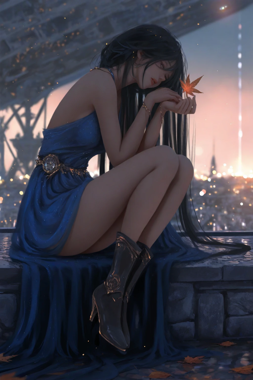 (masterpiece, Highest quality), (High resolution, Very detailed), (Perfect Anatomy), Outdoor, One person, alone, dress, interjection, Large Breasts, Sunburn, necklace, White sleeves, Knee socks, Muscular, Thighs, whole body, Priestessess, church, Devout, pants, coat, pull, boots, Bodysuits, bigdress, Biglobe,black Bodysuits, ハイboots, Feet together, From toe to head,nfsw,night ignite,sunset
