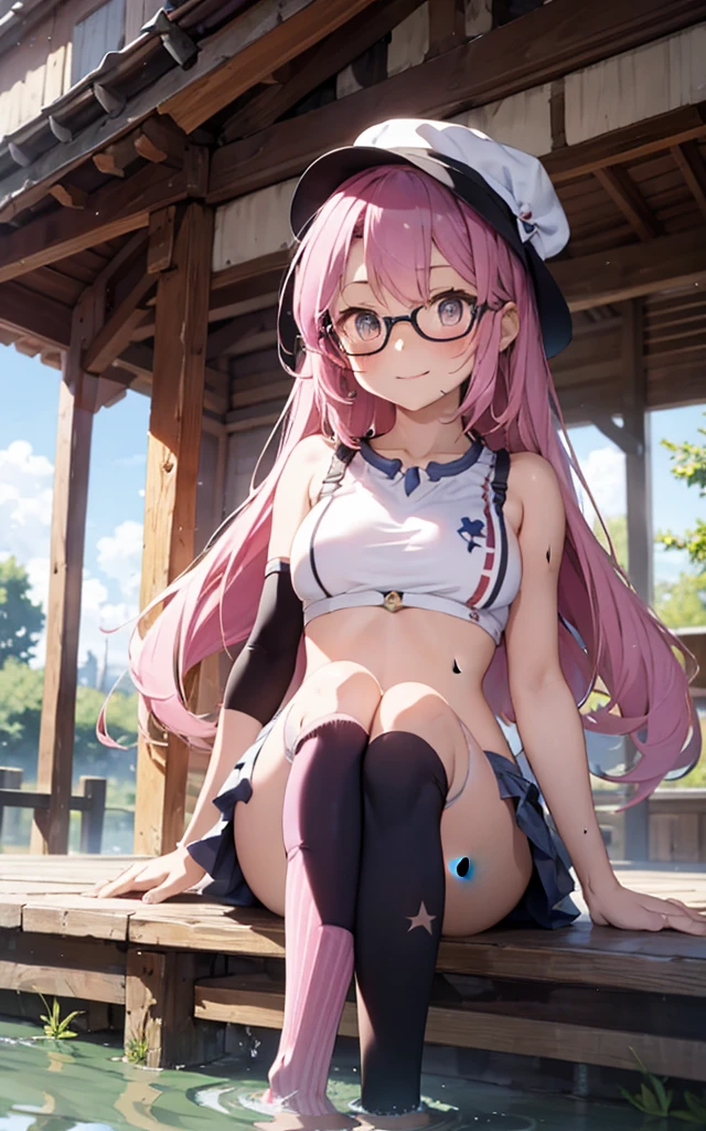 Transparent hair、hime-cut、Golden Eyes、eye glasses、ssmile、early teenage girls、flat chest、Thin pubic hair、Beautiful open legs、robe、On the roof of a building