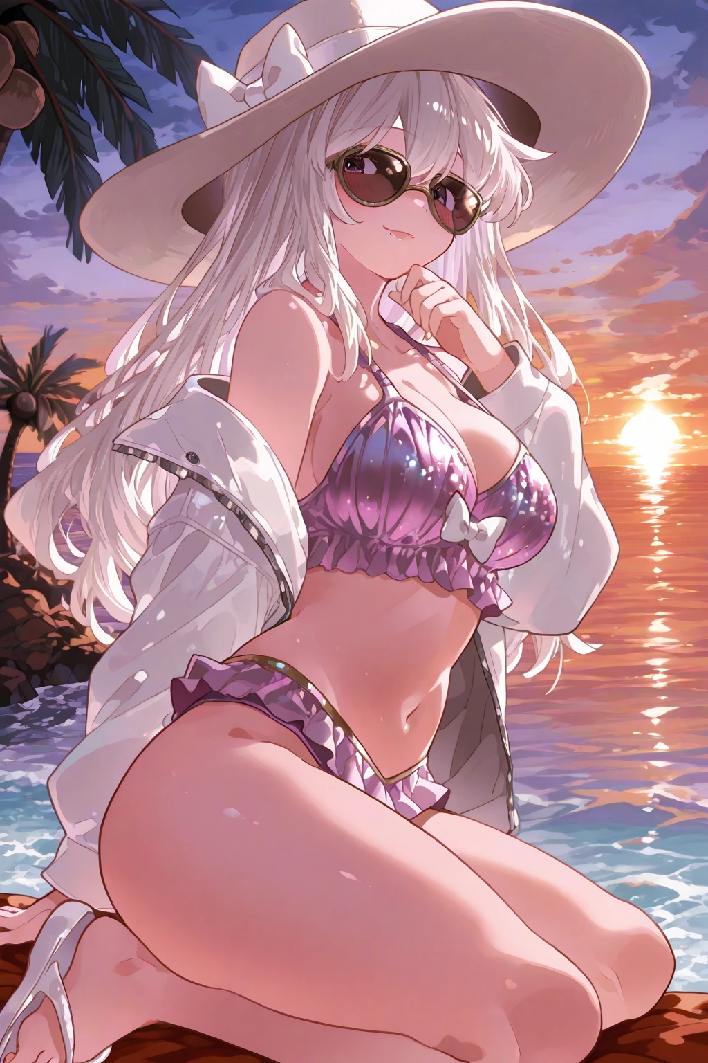 slim legs, cleavage, navel, purple eyes, emilia, stand, White hair, long hair, side tie bikini, beach, happy
