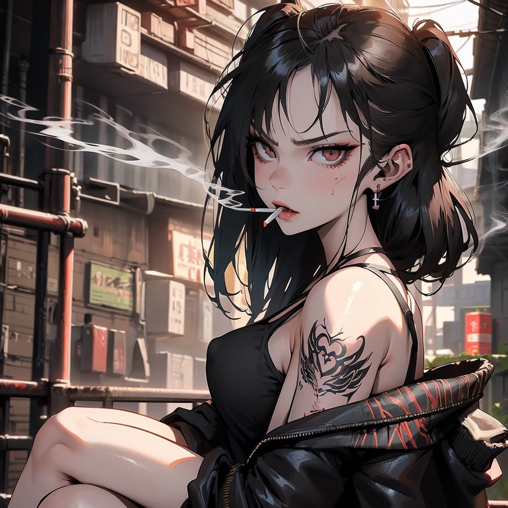 Hot girl, baddie, off shoulder, staring, glaring, shin raised up high, bad attitude, mean girl, dare, angry, hate, crazy, hot, slut, whore, smoking, sexy, cleavage, sensual, slutty, sultry, attractive, big breast, tattoo, e girl, big lips, nude, no clothes