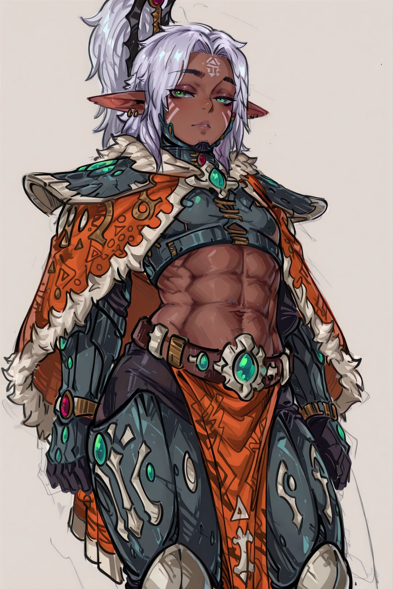 kurenaiz, Drunkr3mbr4ncer, masterpiece, best quality, amazing quality, very aesthetic, high resolution, ultra-detailed, absurdres, newest, 1man, male focus, ((ONLY MALE)), male character, grown young man, solo, flat chest, little masculine, slightly broad shoulders, aeldari-Il, eldar, Aeldari Exodite warrior, dark skin, green eyes, lilac hair, elf sharp ears, medium hair, muscular build, defined abs, exposed midriff, form-fitting Aeldari armor, full power armor, greaves, calm expression, exotic alien design, bone wraithbone plates, animal fur cloak, tribal markings, simple background, detailed armor patterns, dynamic pose, BREAK,