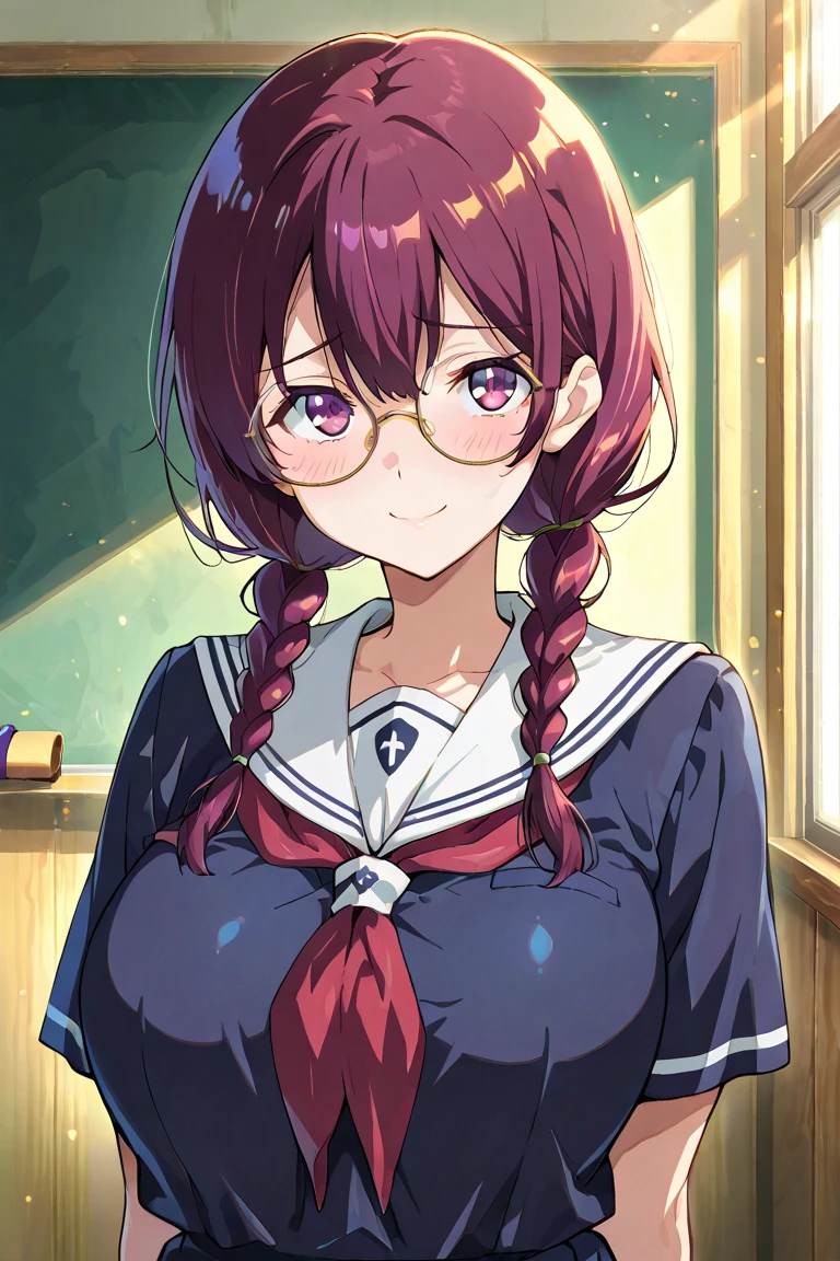 (8K, Highest quality, masterpiece:1.2),高品質CG Unity 8K 大容量ファイル,Very detailed,High resolution,Beautiful Eyes,Ray Tracing,Dramatic Shadows,finely,Hyper Detail,(1 Girl), anime, Perfect body,
Black Hair, (Braid, Glasses),
(Big Breasts:1.2
(Sailor suit:1.2)、Short sleeve、Red ribbon、
(blush、Sweat:1.3)、smile、
Upper Body、
School classroom、