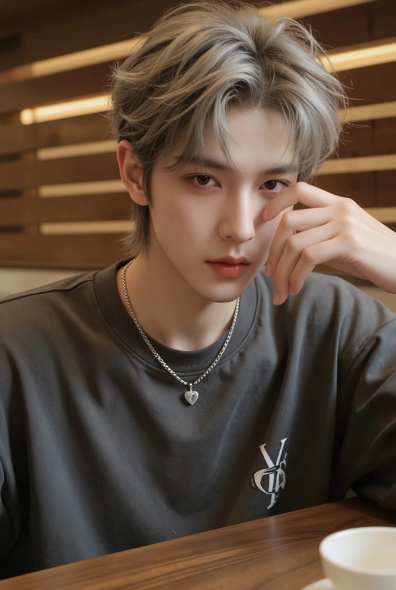 ((4K works))、​masterpiece、（top-quality)、((high-level image quality))、((One Manly Boy))、Slim body、((Attractive and sexy jeans fashion))、((Men's Fashion))、(Detailed beautiful eyes)、In a soundproof room、Record a song、Face similar to Chaewon in Ruseraphim、((short hair above the ears))、((Smaller face))、((Neutral face))、((White hair))、((Brown eyes))、((Korean boy))、((18year old))、((Handsome man))、((sings))、((Korean Makeup))、((elongated and sharp eyes))、((Like a celebrity))、Everyday photography、((Shot alone))、((Shot diagonally from the side))、((Upper body photography))、((He stands in front of the microphone stand))