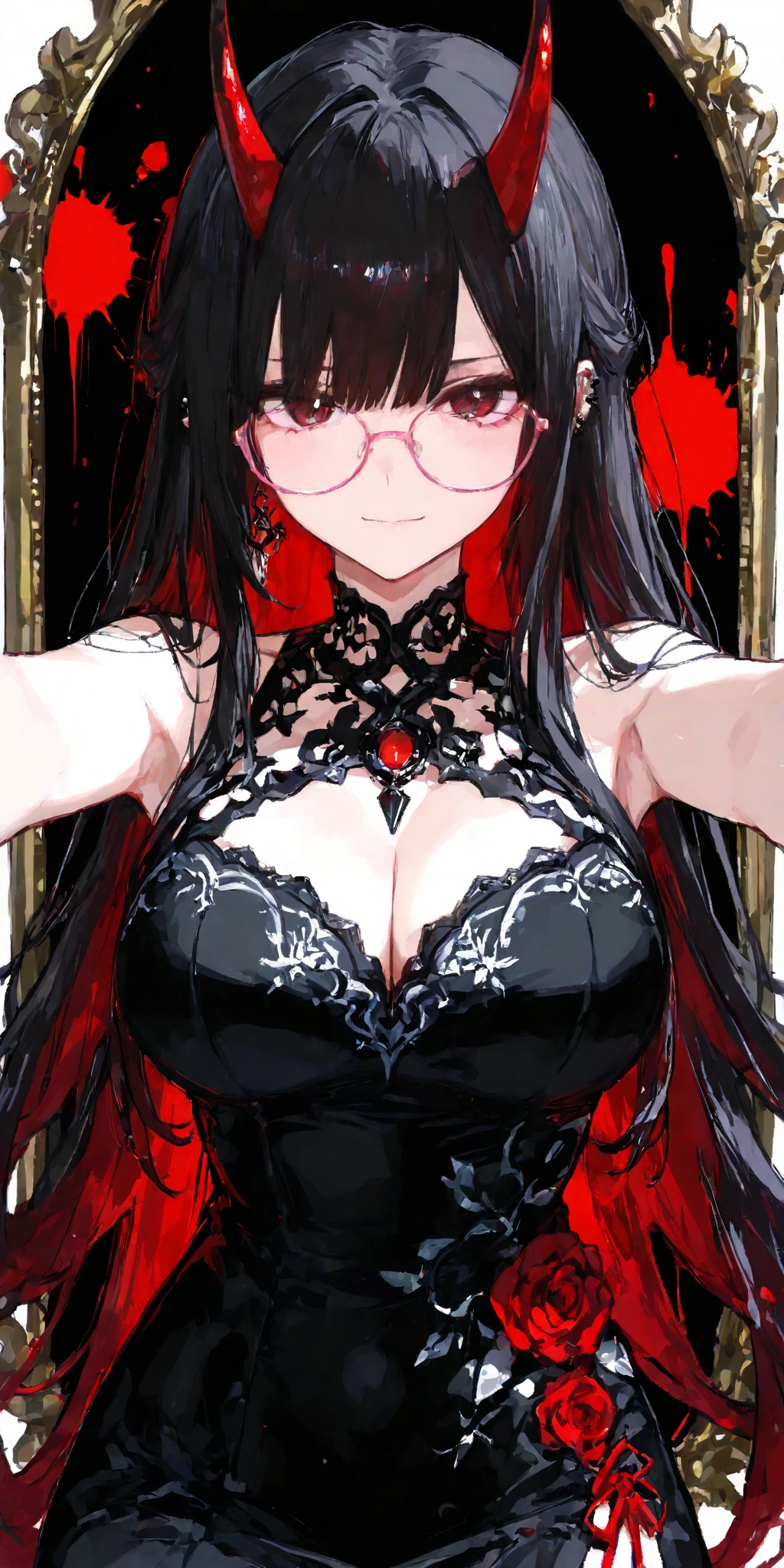 masterpiece, best quality,shiny,chromatic aberration abuse,pastel color,<lora:OutfitYuMeiRenBlackDress:1>,
black dress,bare shoulders, navel,gloves, red background, 
1girl,solo,large breasts, red eyes, long hair, choker,
black hair, ear piercing, yu mei-ren \(fate\), 
hand on hip, spider lily, fire,blood on_face,blood,glasses
