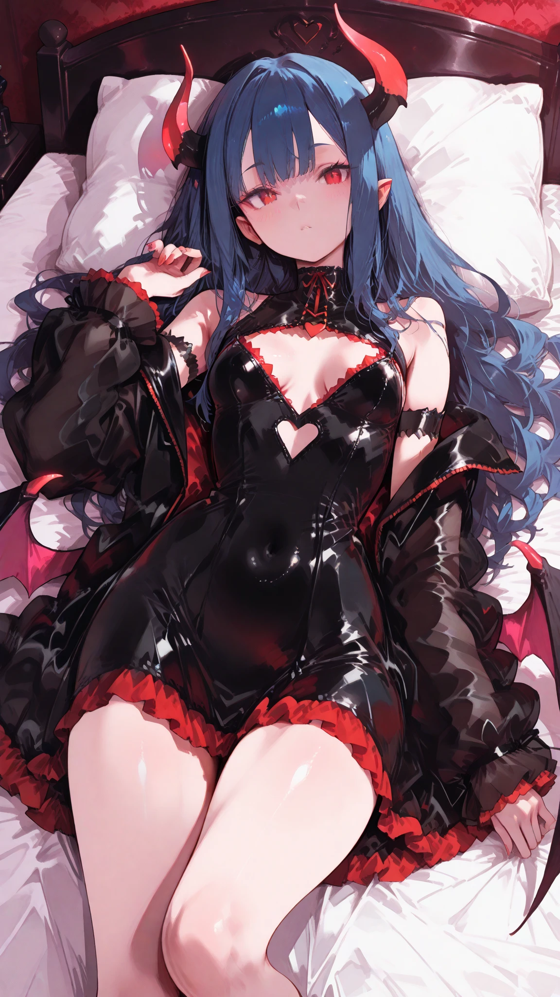 Sinia,Succubus blue stands alone in the room ,demon&#39;s horn,glowing eyes,Long scarlet hair,tongue out,Drooling,Huge elastic breasts,wide hips,Slim athletic body,sexy legs,naked