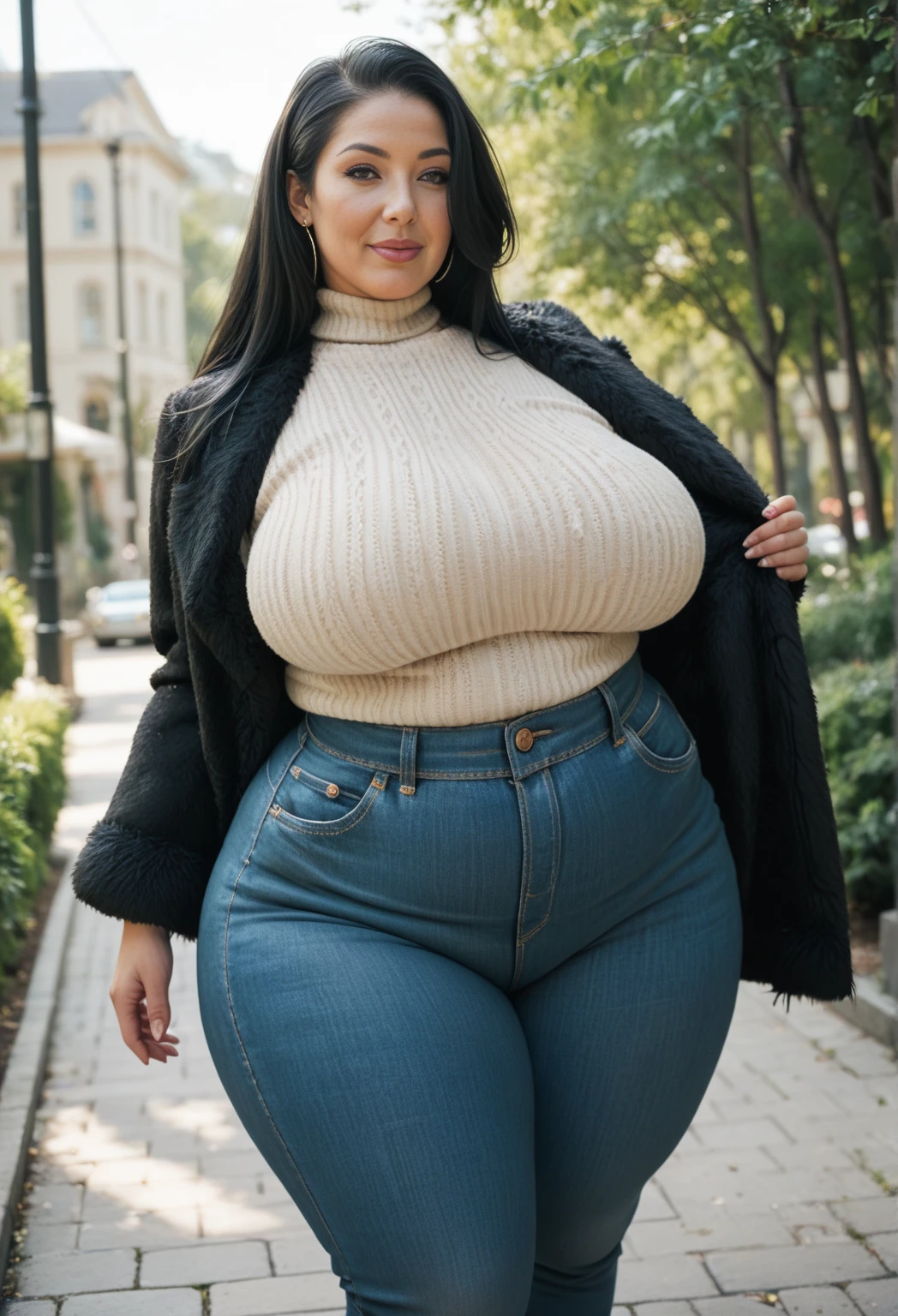 A 35 years old woman, walking in the street in a modern city, Face like Demi Moore, wearing a light grey sleeveless turtleneck top and jeans trousers, slim waist, extremely huge saggy breasts, (full person view, from head to toe), smiling at me