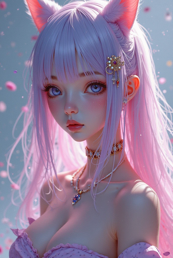A stunning digital painting,A young girl with wavy pink hair and a ponytail is depicted, Has sparkling pink eyes, Set against a surreal and fantastic backdrop,Soft pastel colors and dreamy atmosphere, Half-length photo,Blue Eyes - AR 9:16 --majic --auto