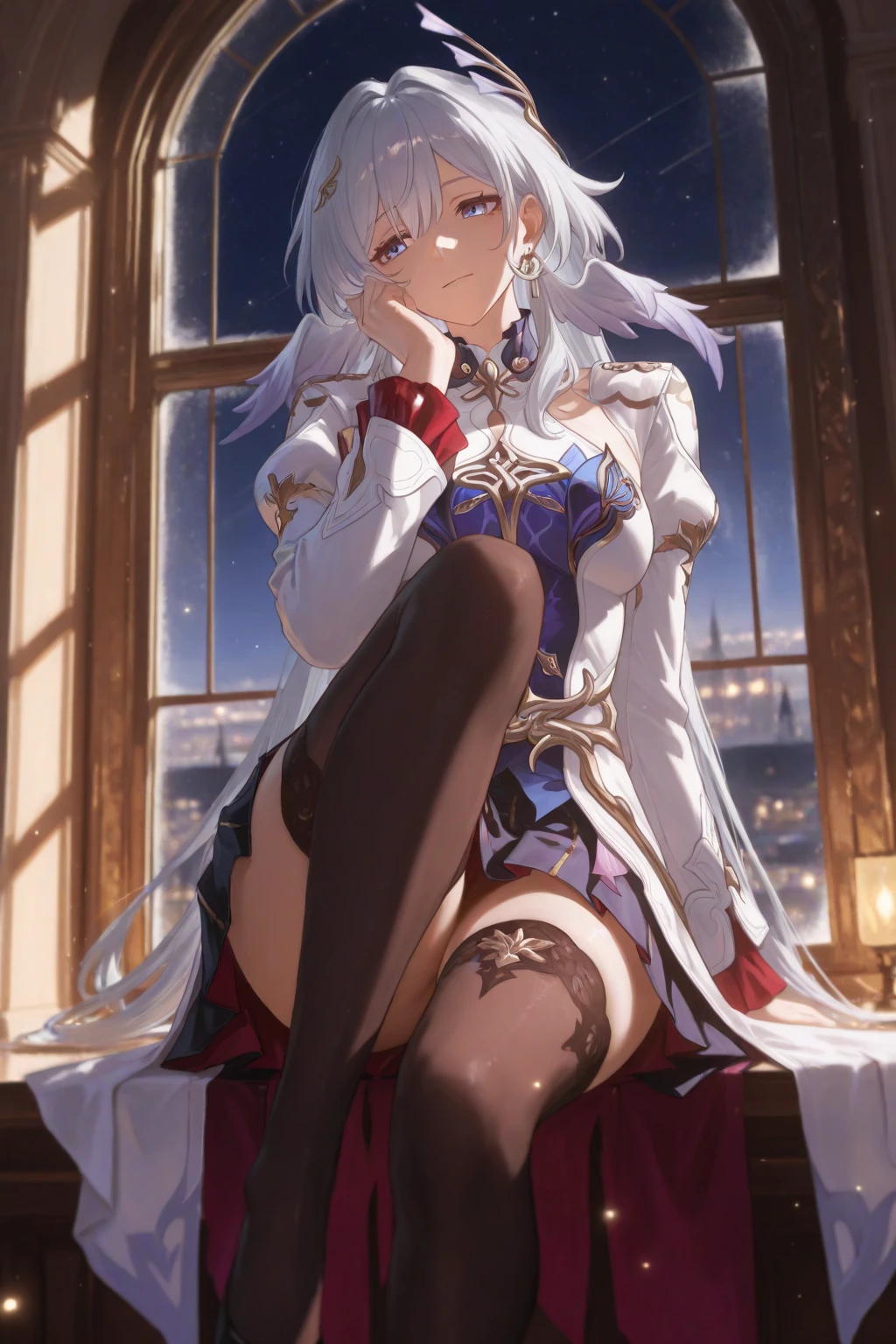 masterpiece, best quality, ultra-detailed, illustration, warm lighting, bright colors, 8K wallpaper, 1girl, solo, very long hair, white hair, blue eyes, floating, slight smile, gloves, white gloves, ((white legwear)), elbow gloves, (white) thigh highs, aged up, mature, medium breast, (white) elbow gloves, couch, indoors, on couch, sitting, night, window, crossed legs, breasts, navel, nsfw, (nude), <lora:Kiana:0.7>