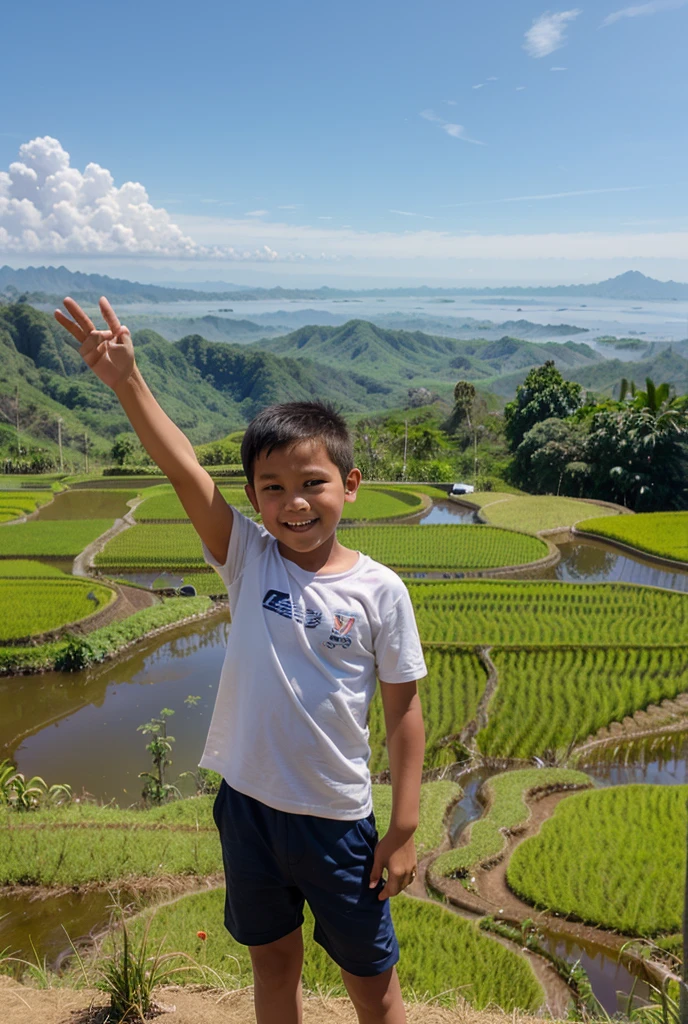 arafed boy standing on a concrete slab in front of a rice field, kid, potrait, ayan nag, young boy, barong family member, ismail, 5 years old, reyyan, by Abidin Dino, old picture, comming, little kid, in a village, scenary, with village, in jungle