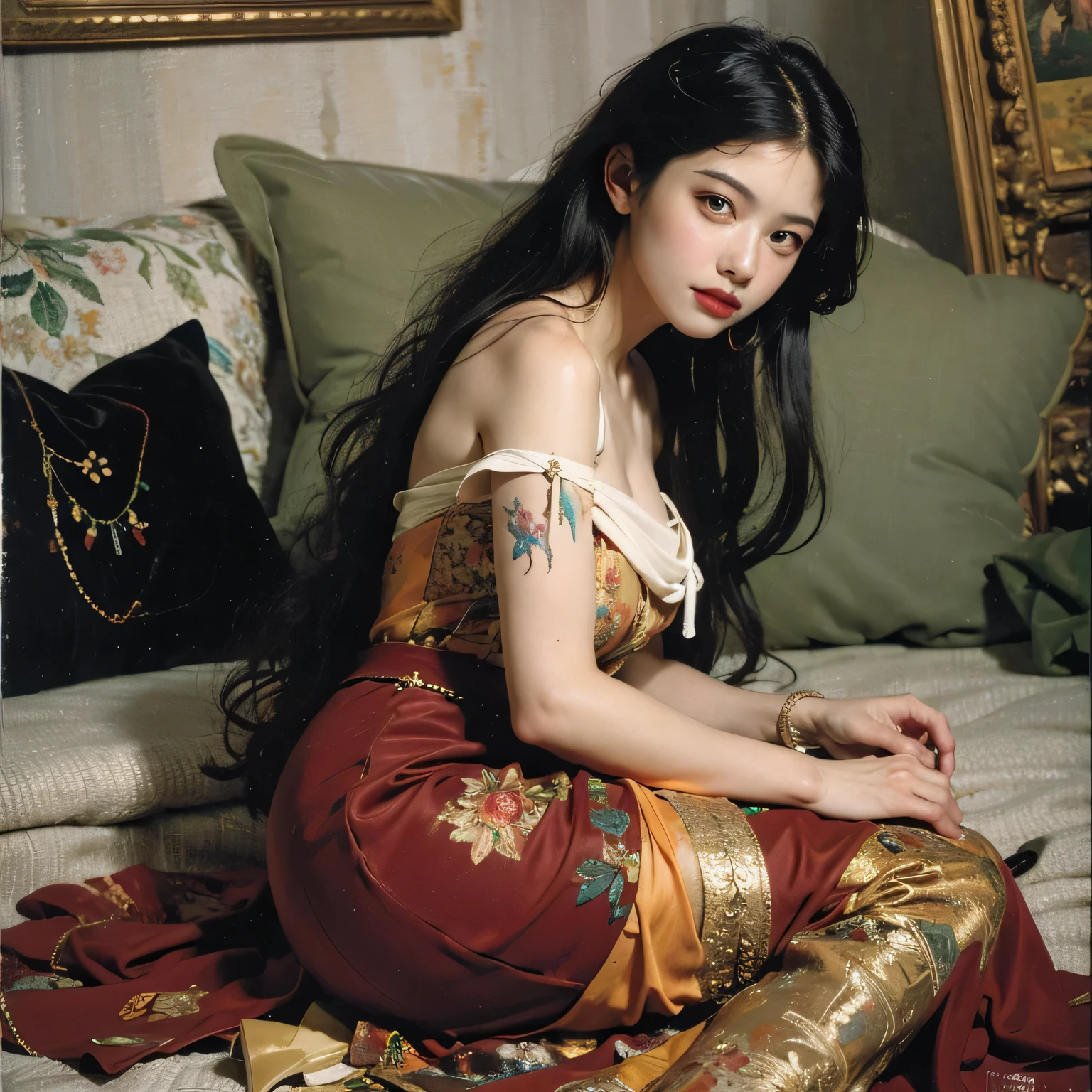 ((cheerful ((dark tanned ((Korean)) daoist priestess)) sitting in daoist temple while writing manuscript, (wearing detailed daoist robes with dragon butterfly detailing), (wearing antique lace necklace), (cannabis flower tattoos on arms and legs), plump legs, wearing hemp sandals, high quality photo, sitting quietly (with potted bonsai cannabis sativa plants surrounding room during foggy sunrise)