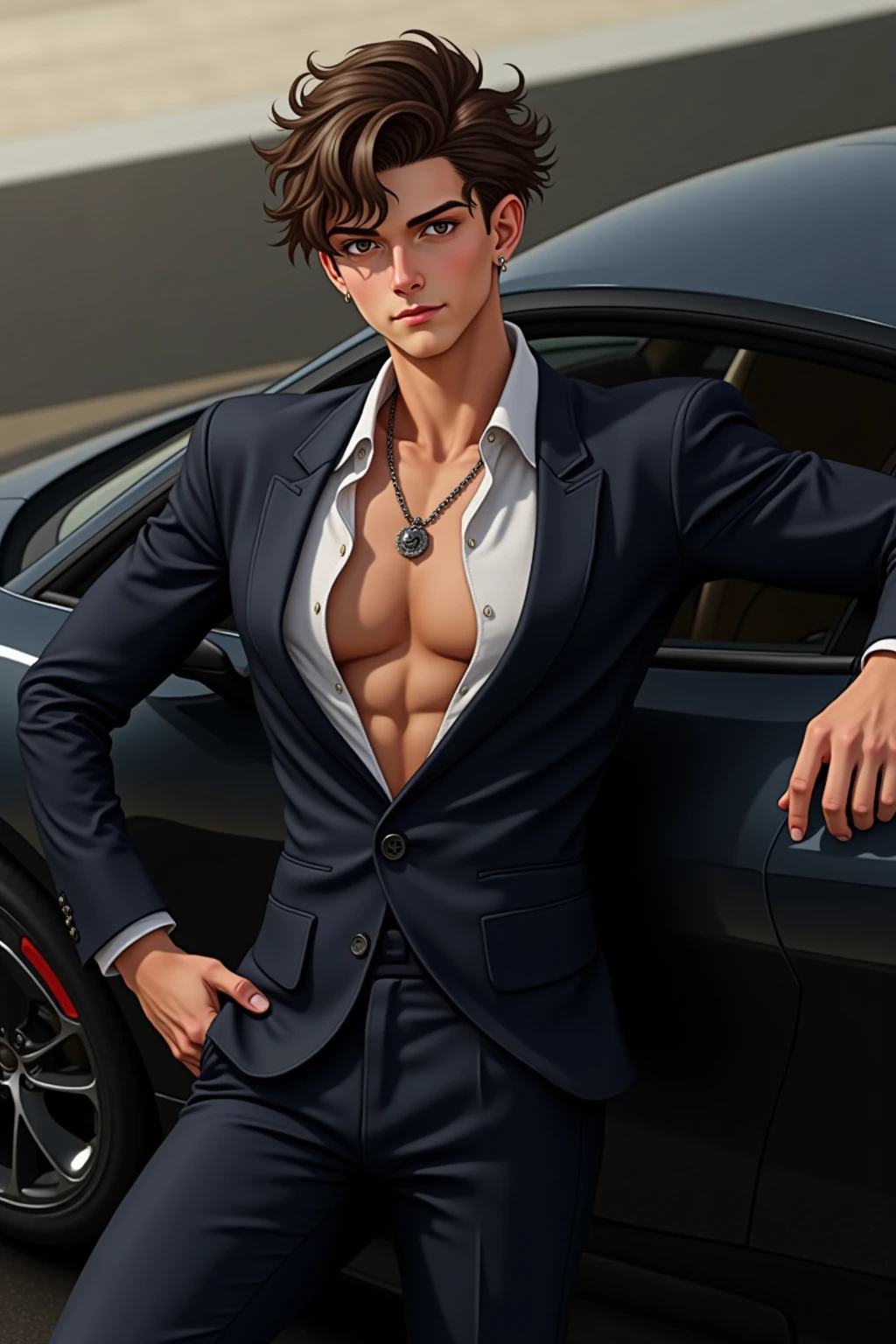 (masterpiece,best quality,ultra_detailed,highres,absurdres),1 mature male, 30-ish, (wide shoulder), ((no chest hair)), male, solo, short black Quiff hair with Soft Fringe (bangs part on side 3:7 ratio), simple background, blue eyes, full body, short hair, leaning against soorts car, parted lips, wet hair, shirtless, wearing thing, muscular and slim, with earrings and necklace, with open vest, with shoes, forest background. Sexy, mature sex. Romantic sex, full body naked, crotch, perfect body proportion