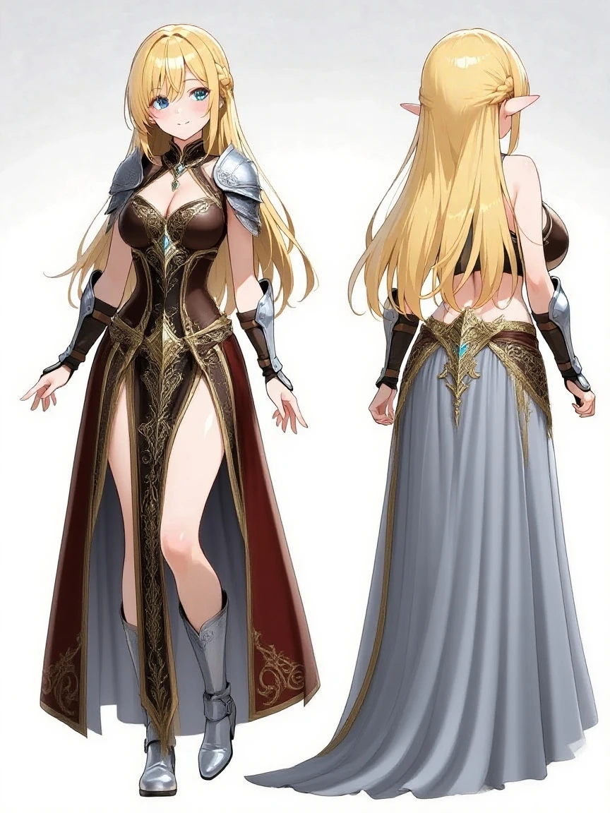 masterpiece, best quality, good quality, Elven aesthetics, Highly detailed, shadowverse style, female, golden hair, elven ear, golden eyes, white stocking, white legging with motif