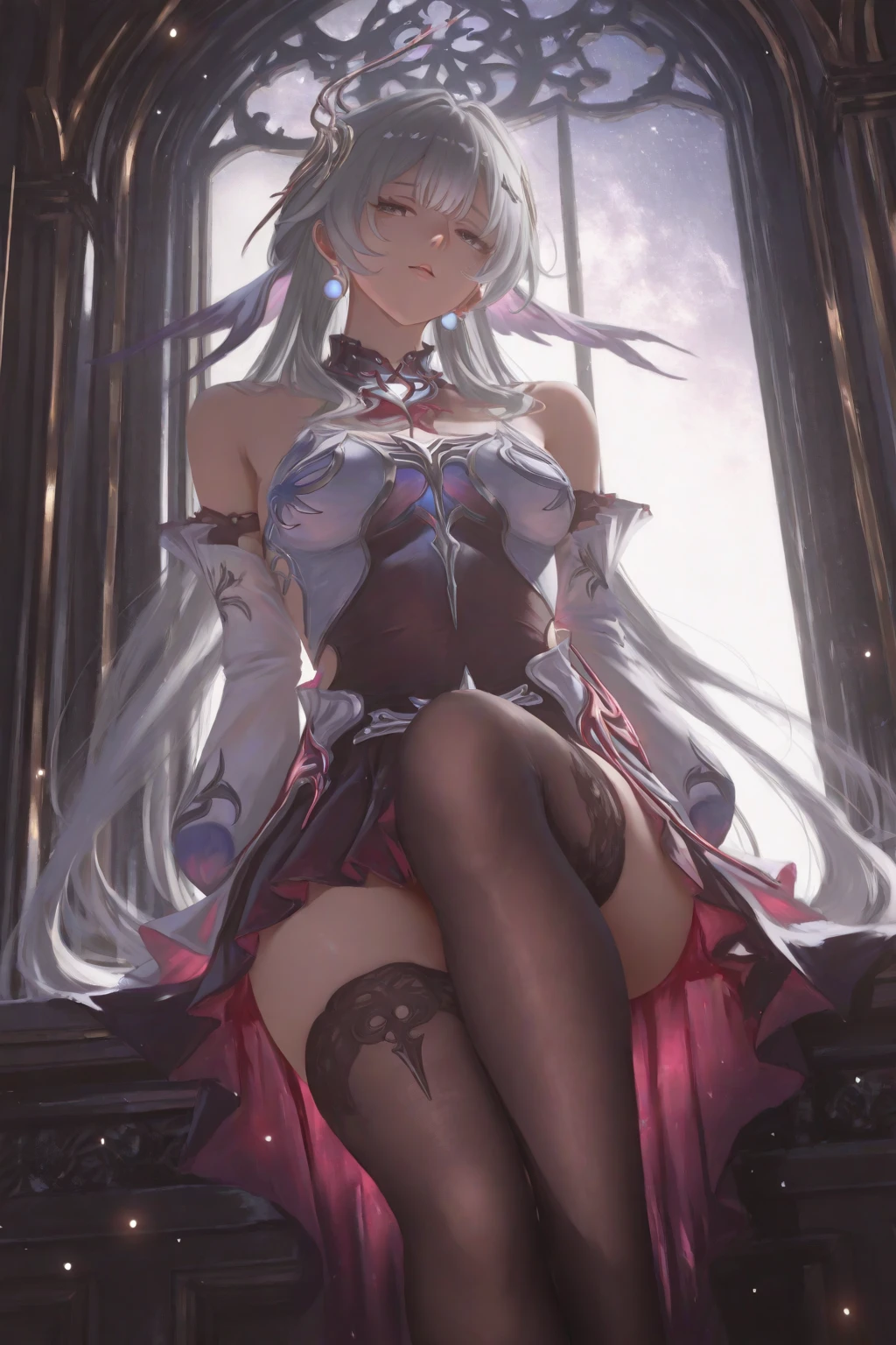 （（masterpiece：1.4，best quality）），（Super detailed），（Extremely detailed eyes），（black leggings，Shiny socks：1.5），Hello Darkness
（Cute girls），15 years old，（Blood-red pupils，Diamond-shaped pupil：1.15），Purple Eyeshadow，（elongated hair，Thick hair，Single ponytail，shiny hair：1.5）（Changes through：1.2），White skin，despair，sad，Empty eyes，tears streaming down my face，tilting its head to the side，
（She wore a blue dress，：1.5），（Black gloves：1.4）Very long plush sleeves，White，White Cloud，Dream bubbles ，Ice and glitter effects
（Black long skirt：1.1），
（（Starry Sky：1.2）），
（Intense black and white：1.16），（Depth of Field：1.4），，Intricate details，(((Detailed background，Castle in the Sky，Standing by the lake，Purple flowers by the lake)))，(((Huge breasts，Bare breasts，Deep cleavage)))