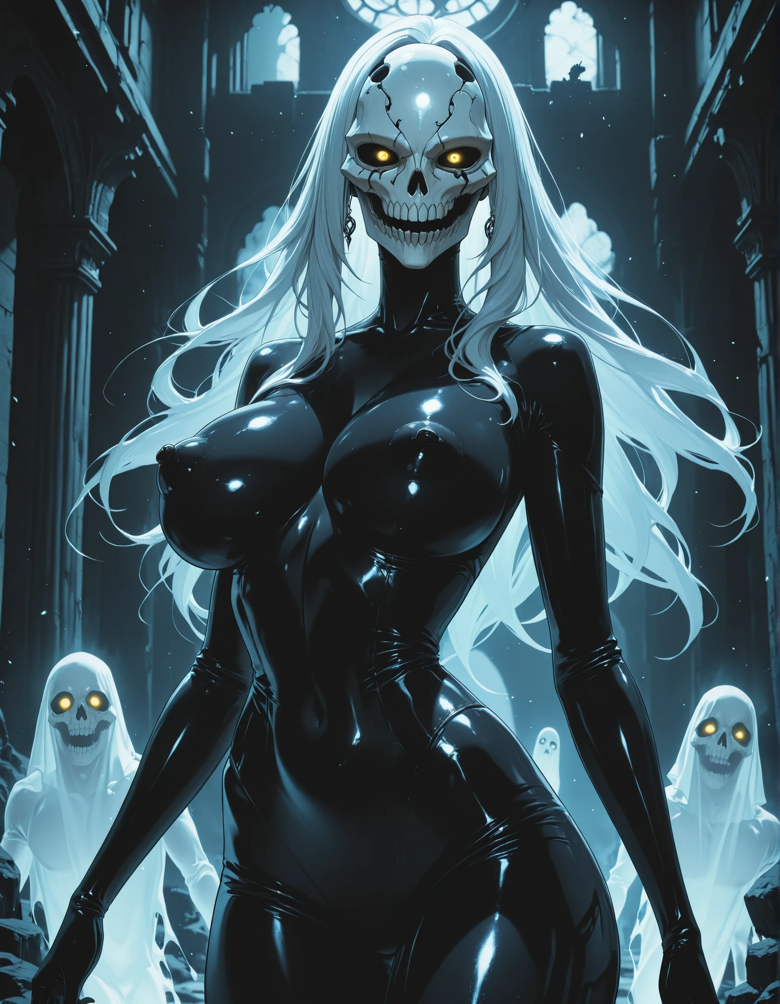 FRESHIDEAS Dark RPG old-school style ,ghost person,hollow mask , yellow eyes, black sclera,ghost person,(masterpiece), (ultra-detailed), (very aesthetic), (absurdres), (ultra high resolution), BLACK AND WHITE , monochrome, Anime source, (masterpiece), best quality, NSFW, Best quality, High quality, Detailed, High resolution, 8k, Ultra high res, highest quality, Anime source, (masterpiece), best quality, Anime illustration, stylized, pulp art, beautiful composition, Etheral void being with a HOLLOW mask, body shaped void_woman , big pointy chest, puffy nipples, ghost , aparition , ((TRANSPARENT SKIN)) , soulless , demonic , (intricatedetails), (UHD 8K), (detailedeyes), LowKeyLights, cinematic 8k, UHD, horror, grim , dark , void