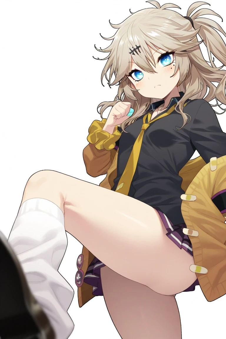 best quality, masterpiece, highres, solo, {satsuki_kantaicollection:1.15}, blonde_hair, long_hair, twintails, yellow_eyes, low_twintails, serafuku, smile, crescent, crescent_pin, open_mouth, necktie, 1girl, animal_ears, black_sailor_collar, black_skirt, blue_jacket, cat_ears, cat_tail, jacket, kemonomimi_mode, long_sleeves, sailor_collar, school_uniform, simple_background, skirt, tail, white_background, blush, looking_at_viewer, neckerchief, yellow_necktie, black_thighhighs, paw_print, thighhighs, yellow_neckerchief, fang