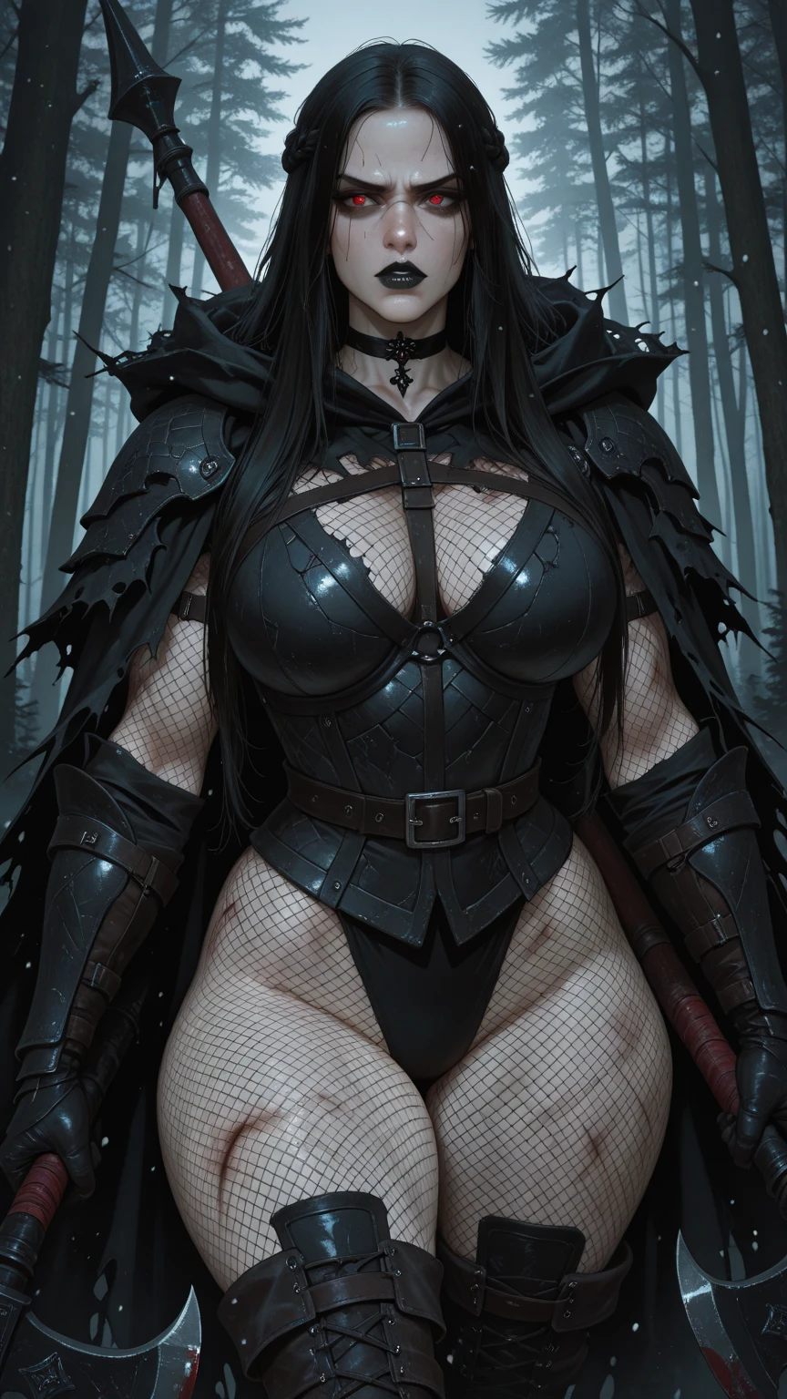 (Dark fantasy style:1.2), (monster woman:1.1), (medieval mechanized female:1.2), (turquoise skin:1.1), (greenish blue skin), (hyper realistic), (highest detailed), (masterpiece), (best quality), (high resolution), (sharp focused), (wallpaper), (intricate detail), (highest quality), (detailed emotions), unemotionality, (cold look), (aimless dead gaze), (full red eyes:1.1), (red vile slime eyes), (white-gray medium lenght hair:1.1), (long dark black gray rag:1.1) from chest to knees, (red tentacles on body:1.3), (mechanized arms:1.1), (iron high boots:1.1), (dark sky), shore near a dark forest, detailed landscape, (detailed face and eyes:1.2), (perfect anatomy), (round breasts), (bubble butt), (wide hips:1.1), (slim waist:1.1), (thick thighs:1.1), (detailed background), (perfect nails:1.1), (detailed hand and finger:1.2), (medium breasts:1.2), (busty), (deep cleavage:1.2), (labia outline:1.3), (hard teat:1.3).