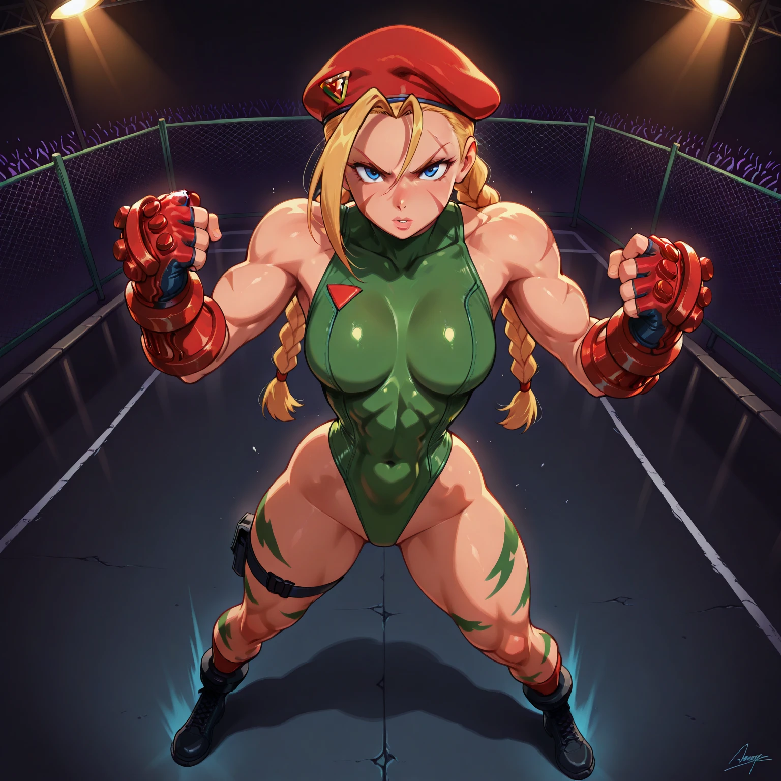 foreshortening, perspective, squashing, distortion, angulation, depth, scale, geometric, dynamic, artistic, 1 girl, solo, open mouth, looking at viewer, light background, simple background, csr style, Cammy, red beret with triangle emblem, green leotard with high collar, black mesh side panels, long red gloves with arm guards, black combat boots, markings on legs, blue eyes, scar, blonde braids, athletic, hips wide, marked waist, high cut leotard, csr style