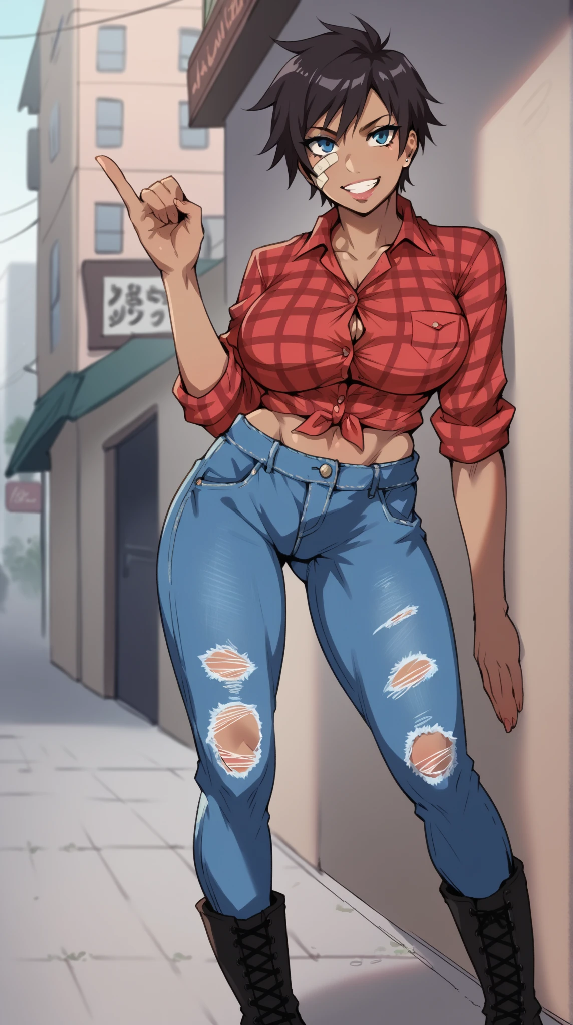 (An angle that shows the subject's entire body:1.2),
((Highest quality:1.2)),((masterpiece)),((8k)),
Anatomically correct,
(1. Beautiful Brazilian woman with a big ass and a height of 170cm:1.2),
Mature Woman, mother, Married Woman, Mature Woman, 4, (cool), Female Jay,
Bluish purple hair, ((Voluminous Hair)), Short Hair, ((Messy Hair)), jagged hair style,
Beautiful, long eyes, (Natural Makeup), (Thick lips), (Swollen lips), Lips parted, (Grin), (A confident and strong look)
Sensual, Chubby body type, glamorous, Curvy, Wide Hips, Huge Ass, Big Breasts, Greasy breasts, (Bust size 189cm, saggy breasts), belly button, (Big thighs),
(Clothes are tight, Clothes that show your body lines, A plain white tank top, knee-length denim trousers, Sports sandals),
(big hoop earrings), bracelet, Big hair tie,
(Raise one hand in greeting:1.2), (Feet shoulder-width apart:1.2), (A pose standing with hands on hips:1.2),
Daytime, Outdoor, Southeast Asian Market, congestion