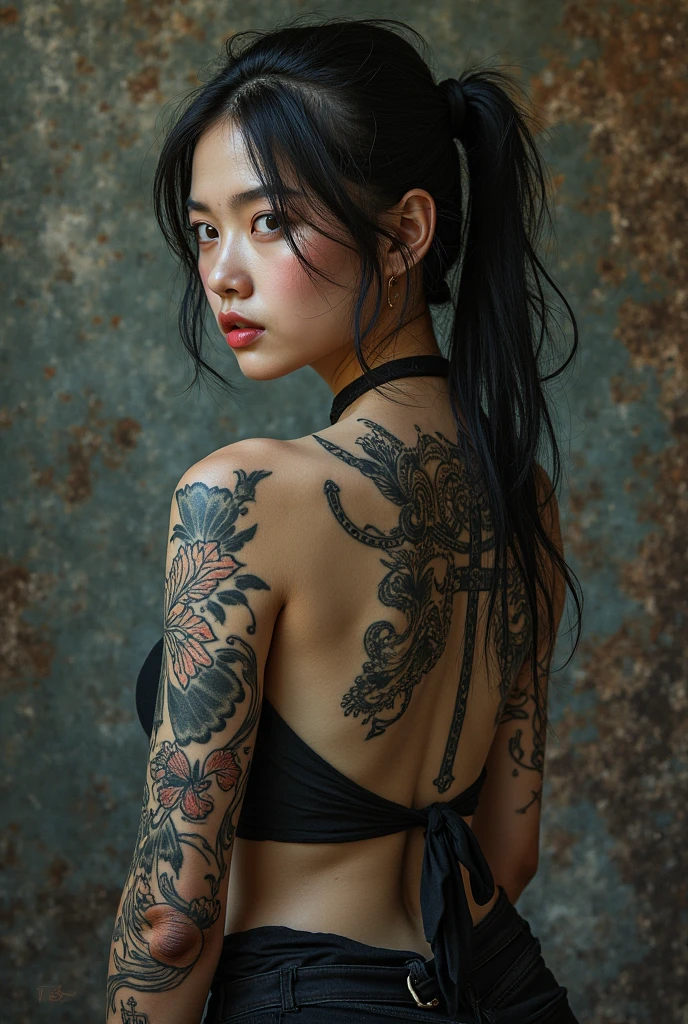 ((best quality, 8K, masterpiece)), ultra-detailed, sharp focus, 1 beautiful woman, 20yo, highly detailed face and skin texture, (Japanese tattoo:1.4), (blue bra), (blue panties), ((detailed eyes)), ((beautiful black eyes:1.2)), (()), ((back view))