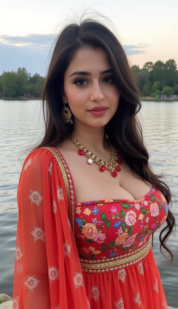 (masterpiece, best quality:1.2), ((((((solo)))))), ((((((1girl)))))), ((looking at camera)), hazel eyes, a smile on the face, royal and lusty look, standing posing like a professional model for a photoshoot, ((((Huge Boobs)))), perfect composition and light, hyper realistic skin texture, super background decorations detailed, 8k, high quality, trending art, trending on art station, photo, intricate details, highly detailed, ((((Cropped Breast Wear)))), ((((Canal Waterfront background)))), (((wearing a bright colour Saree with designs and patterns with sleeves))), (((((big sexy body shape))))), ((((Canal Waterfront background behind her)))), (((Portrait Fashion Photo))), hair bobbles, wince, solid circle eyes, light smile, ear blush, fang, ccurate, makeup, hairband, double bun, Surrealism, drop shadow, anaglyph, stereogram, tachi-e, pov, atmospheric perspective, glowing light, backlighting, ray tracing, image fill, anaglyph, stereogram, scanlines, speed lines, silhouette, vignetting, 8k, super detail, best quality