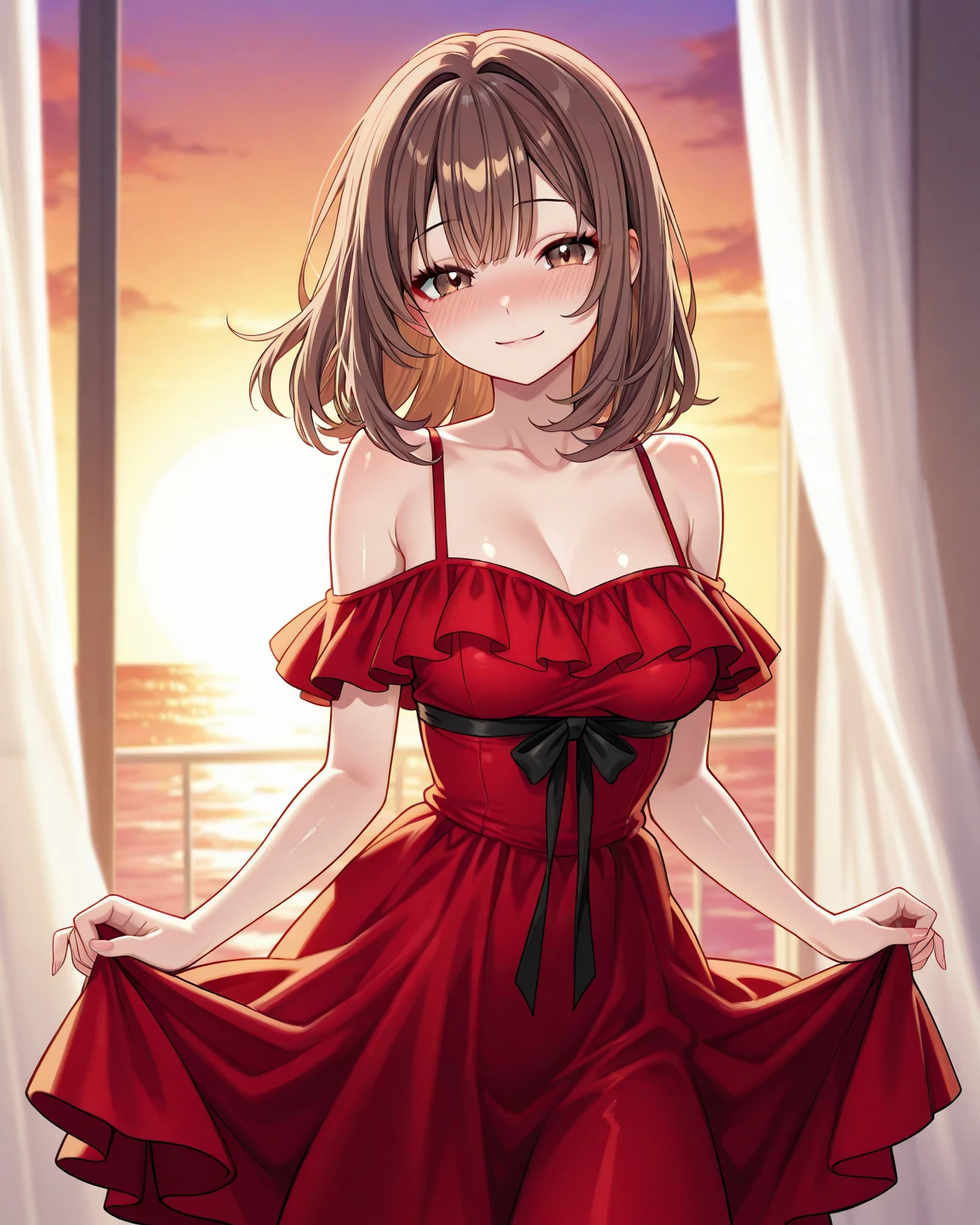 (best quality, high definition, masterpiece:1.2,), Illustration, night, 1girl, (red_dress),pantyhose,<lora:TakagakiKaedeV3:1> <lora:povSquattingCowgirlLora_pscowgirl:1>