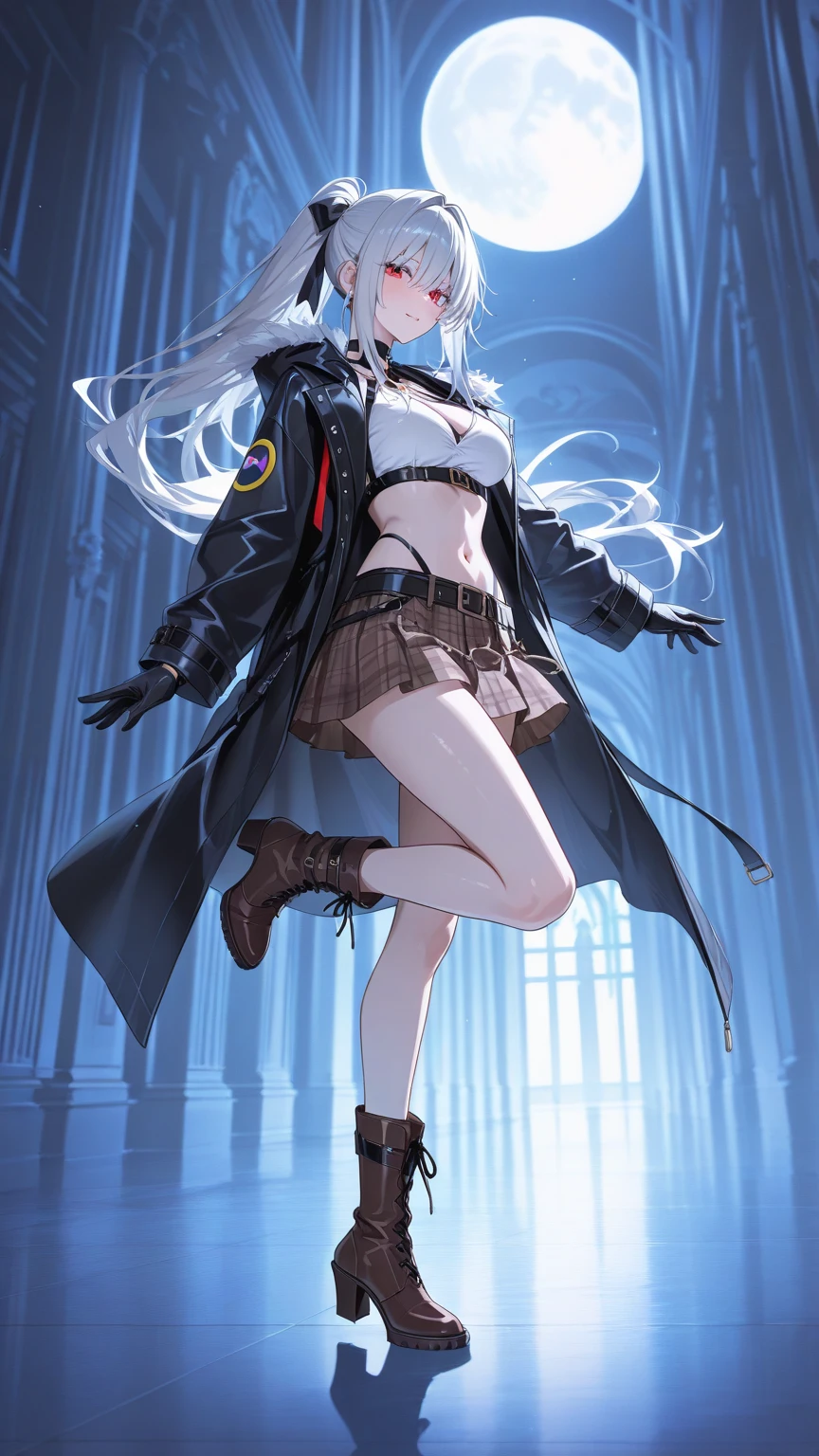 full body shot of a standing,  female, <lora:specter_arknights:1>, solo,  blush, smirk, annoyed, glaring, (specter_arknights:1.2), [(huge breasts:1.4):0.45], black footwear, black headwear, hood, black nails, black thighhighs, boots, capelet, coat, garter straps, grey capelet, grey coat, grey hair, hair between eyes, jewelry, knee boots, long hair, nail polish, necklace, off shoulder, red eyes, thighhighs, <lora:zumi:0.4> ,<lora:sakimichanStyle_v15Fix:0.4>, (skinny:1.3), (muscle relief, convex muscles:0.7), skindentation, detailed, intricate,