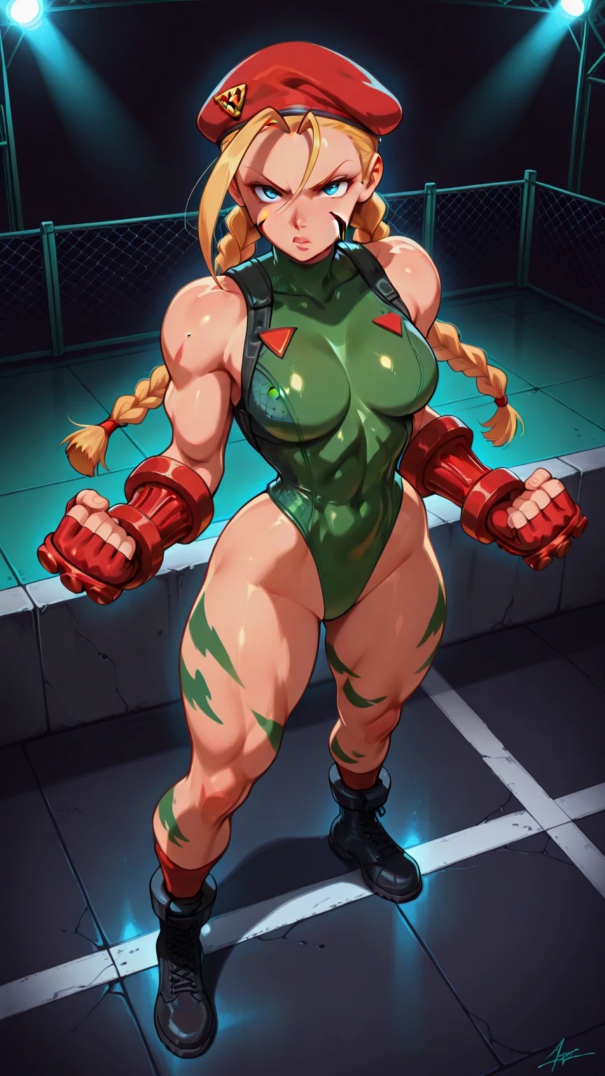 master part, best quality, highres, 1girl, Cammy branco, twin braids, long  hair, blonde hair, antenna hair, red beret, (Red Head Outfit:1.3), blue colored eyes, scar on cheek, green leotard, breasts big, sleeveless, red gloves, gloves fingerless, camouflage, cowboy shot, Standing, simple background, flat background, KelvinHiuArtist ,flat colors, ,sketch, Nice big thighs, nice thighs 