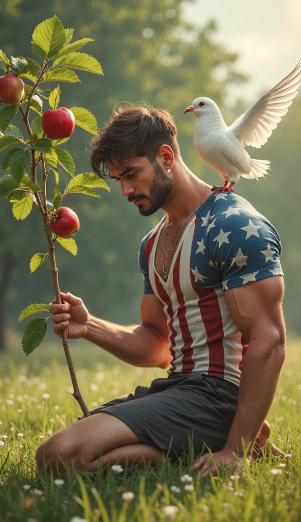 Captian America lying on the grass, ass up, wearing only a USA underwear, sucking on a red popsicle, horny, curled up day (panoramic view)