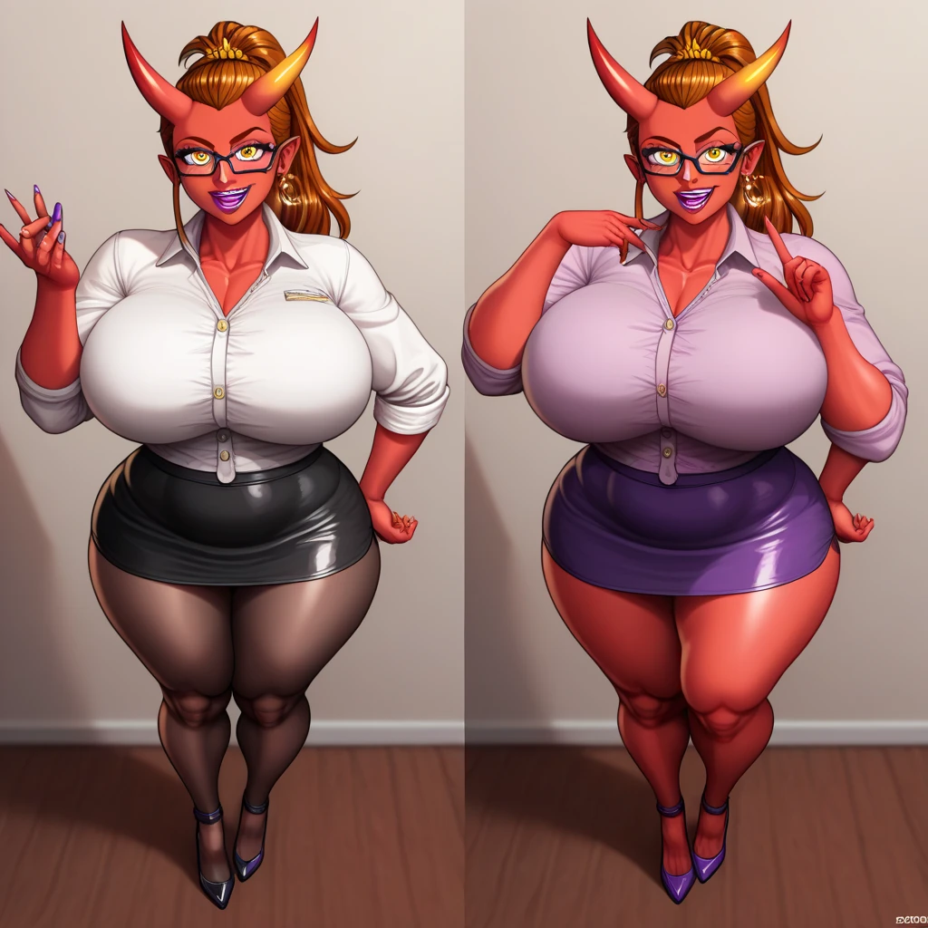 (Same character, front, side, back), (full body), generative front view, generative side view, generative back view, 3 view, nude female demon, extremely detailed, character reference sheet, black background, ((Nude Human Torso)), Extremely huge breasts, wide hips, huge ass, puffy long nipples, large thigh gap, (masterpiece, hi quality: 1.1), Maternal, porcelain skin, sparkly skin, full nudity, NSFW, thick thighs, curvy body, succubus, curly goat horns, Massive Breasts, thick lips, fat lips, red skin demon, thin, muscular
