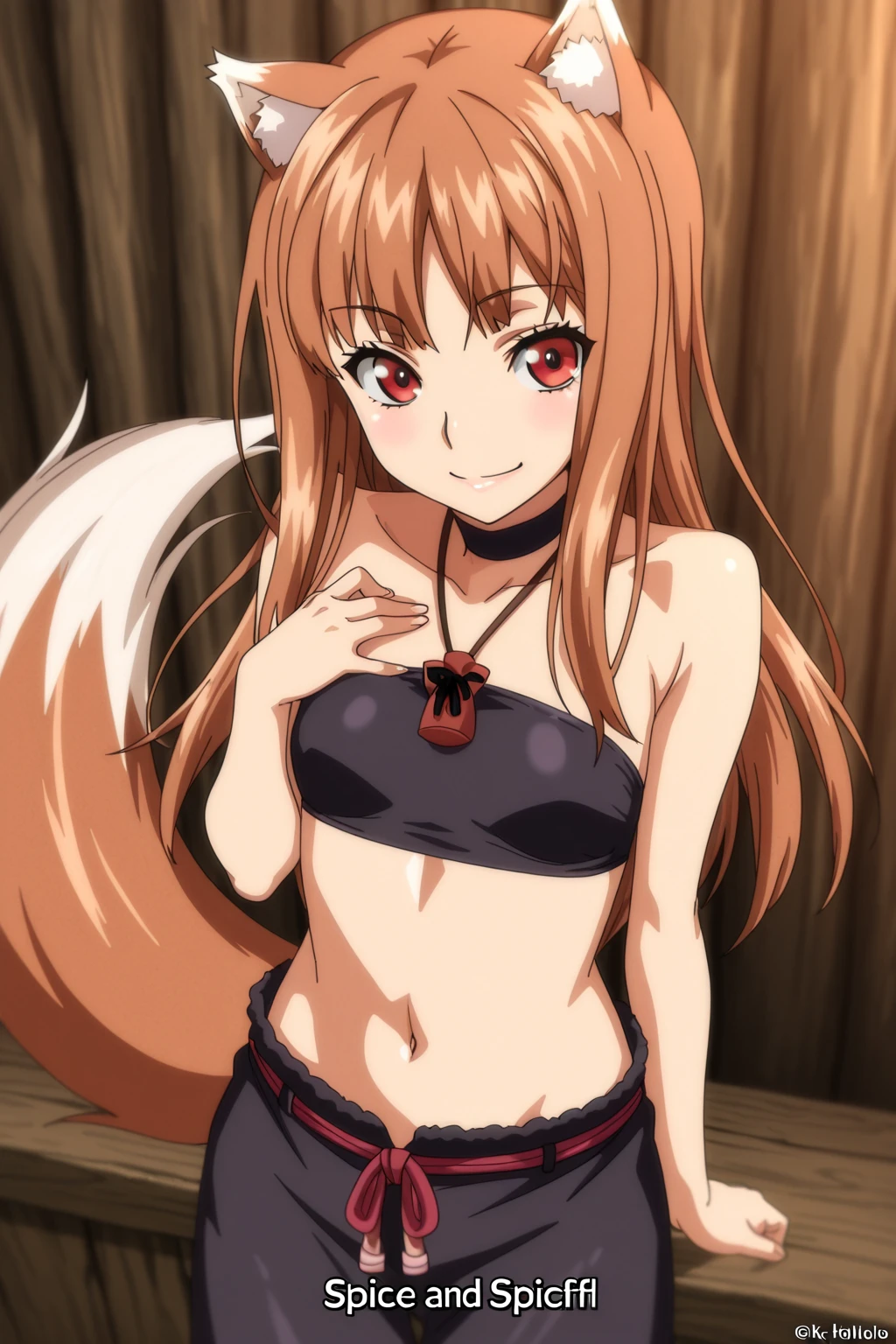 1girl, holo, animal ears, brown hair, long hair, red eyes, wolf ears, wolf girl, small breasts, nude, showing canine pussy, showing nipples,  wolf tail, spice and wolf, BREAK sitting, looking at viewer, (half-closed eyes), seductive smile, day, bare tree, outdoors, tree, tree stump,