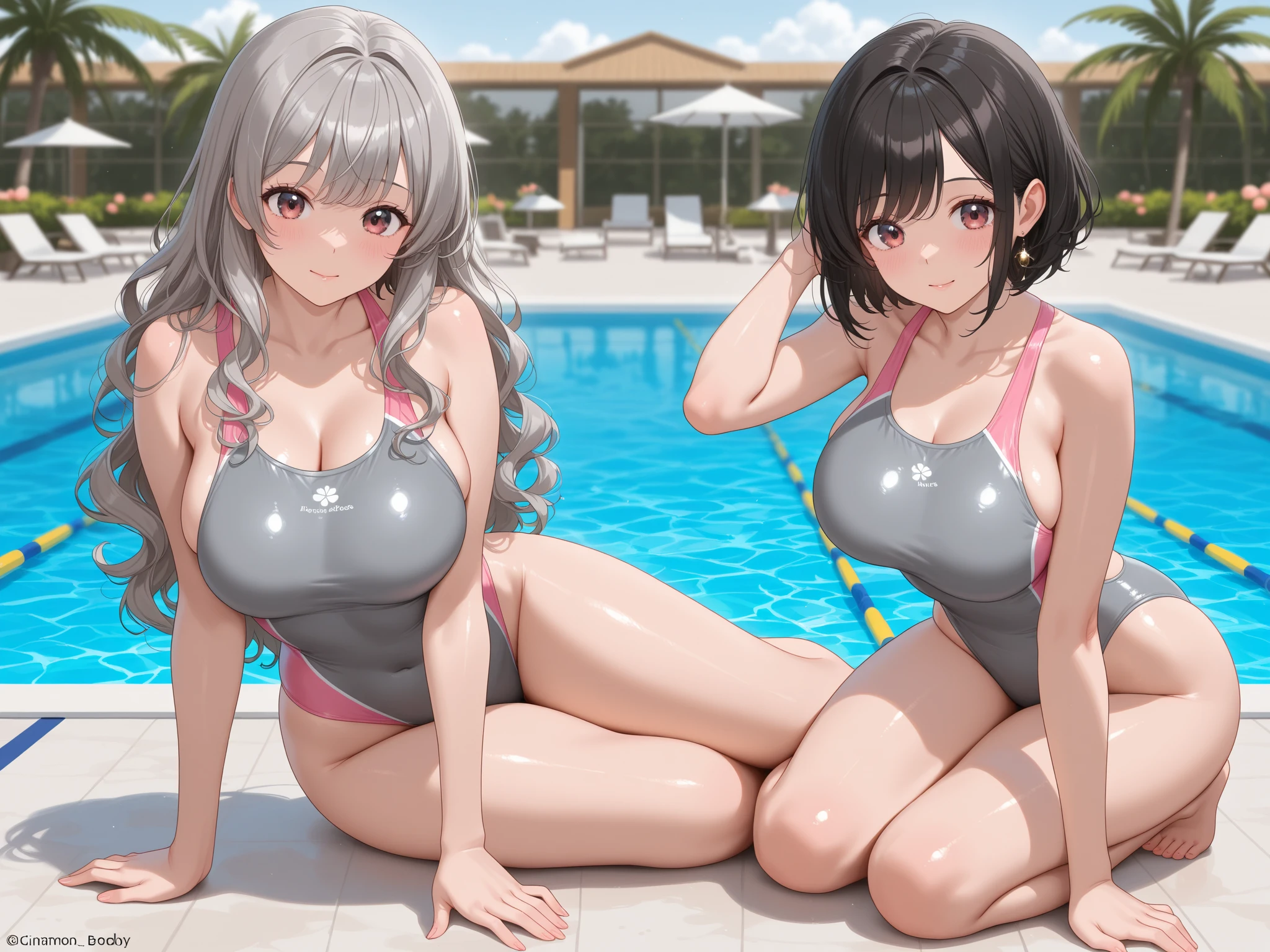 (4K,masterpiece,Highest quality),Browsing Caution,(Buckshot),dorsal position,Outdoor,No items,No objection,Bobcut,Long Hair,Brown Hair,Detailed face,軽いsmile,shy,no nostrils,(Three Japanese women standing side by side),(Age 35):1.2,Slender body,Detailed skin,Large Breasts,Beautiful Hips,(Close-fitting deep blue compression one-piece swimsuit):1.2,Wet,(Accentuate your body lines):1.2(Highest quality, Tabletop),Ultra HD Photos,One Girl, Female Surfer ,Large Breasts,Beautiful legs,At the surfing venue,Beautiful face in every detail,Beautiful Eyes,Fine hair,Detailed clothing,Detailed and realistic skin,cute,smile,Dynamic Angle 8k, RAW Photos, Highest quality, Ultra-realistic、masterpiece: 1.2), High-quality RAW color photos, Professional photography, Best Style、The best curves、Skin is tight。The setting is outside in the school pool.、The strong midsummer light shines brightly on the stretchy school swimsuit.。He is playing with his crotch with his right hand.。Spread your legs and lift your hips,Super shiny long blonde hair、Make up image of young woman with captivating violet eyes。She is reminiscing and sticking out her tongue、There is a slight redness on the cheeks。水にWet伸縮性のある紺色のスクール水着を纏い、The tight, moist, stretchy school swimsuit perfectly shows off her huge breasts and body lines.。