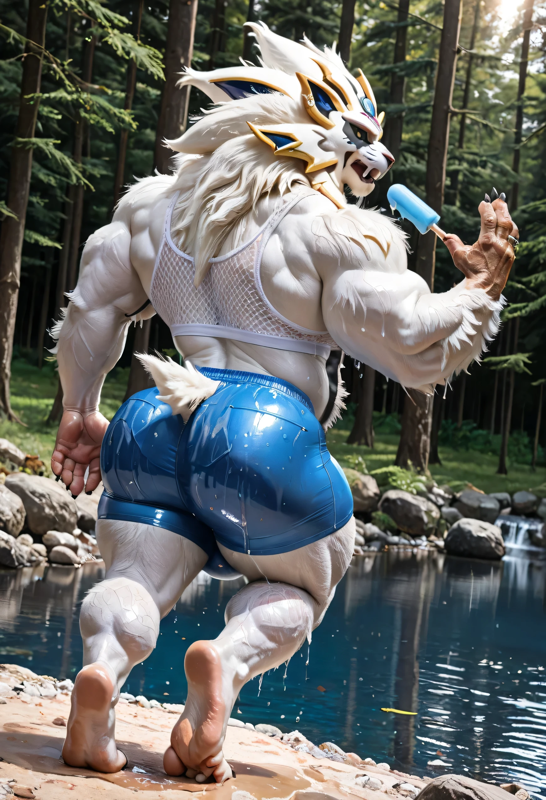 (((score_9,score_8_up,score_7_up,score_6_up,score_5_up,score_4_up))), (((by TF_Style))), (((Male Muscular Bara Furry Anthro Solgaleo, Solgaleo from Pokémon, Pokémon Solgaleo, Pokémon, Solgaleo))), (((Solo:2))), (((Detail bright Amber Eyes:1.5, black sclera:1.5))), (((facing away, one of his feet is raised high back up to his butt, one hand holding an ice pop, one eye is closed, standing on one leg))), (((Looking Away, dynamic angle))), (((4k, perfect colors, perfect shadows, perfect lighting, Clear facial features, BREAK Photorealistic, Full body photo, perfectly correct anatomy, realistic, very awa, masterpiece, best quality, absurdres, perfect quality, detailed background, intricate details))), (((Photorealistic Inside a Forest near a lake))), (((Huge Veiny Muscular Body, Muscular, Huge Muscular bodybuilder body, Manly, Bara, Kemono, Hyper, Huge Muscular bulging muscles, Huge Muscular bulging ABS, Huge Muscular bulging pecs, Huge Muscular bubble butt, Huge Muscular thighs, Huge Muscular calves, Huge Muscular Thick Neck, Huge Muscular Shoulders))), (((Detail Furry anthro Fluffy Solgaleo Fur, Detail Furry anthro Solgaleo Fur Pigment, Detail White Skin, Detail Furry anthro Solgaleo Tail, Photorealistic Furry anthro Bara Solgaleo head, Furry anthro Solgaleo fangs))), (((Photorealistic Solgaleo Fur:1.5, Photorealistic White Skin:1.5, Photorealistic Black Underbelly Skin:1.5, Very Hairy Body:1.5, Seductive look:1.5))), perfect male figure, (((nipple piercings, ear piercings, eyebrow piercing, rings))), (((Photorealistic human hands, human flesh tone hand palms, large hands, plantigrade feet, human feet, huge feet, soles, human flesh tone footpads, finger claws, 5 fingers:1.5, 5 toes:1.5, toe claws, Black nipples, 10 feet tall:1.5))), (((Massive Giant Bulge, Massive Giant scrotum))), (((wearing a wet tight blue cheeky jean shorts:1.5, wearing a wet tight White fishnet crop top:1.5))), (((Sweaty Body:1.5, body steam:1.5))),