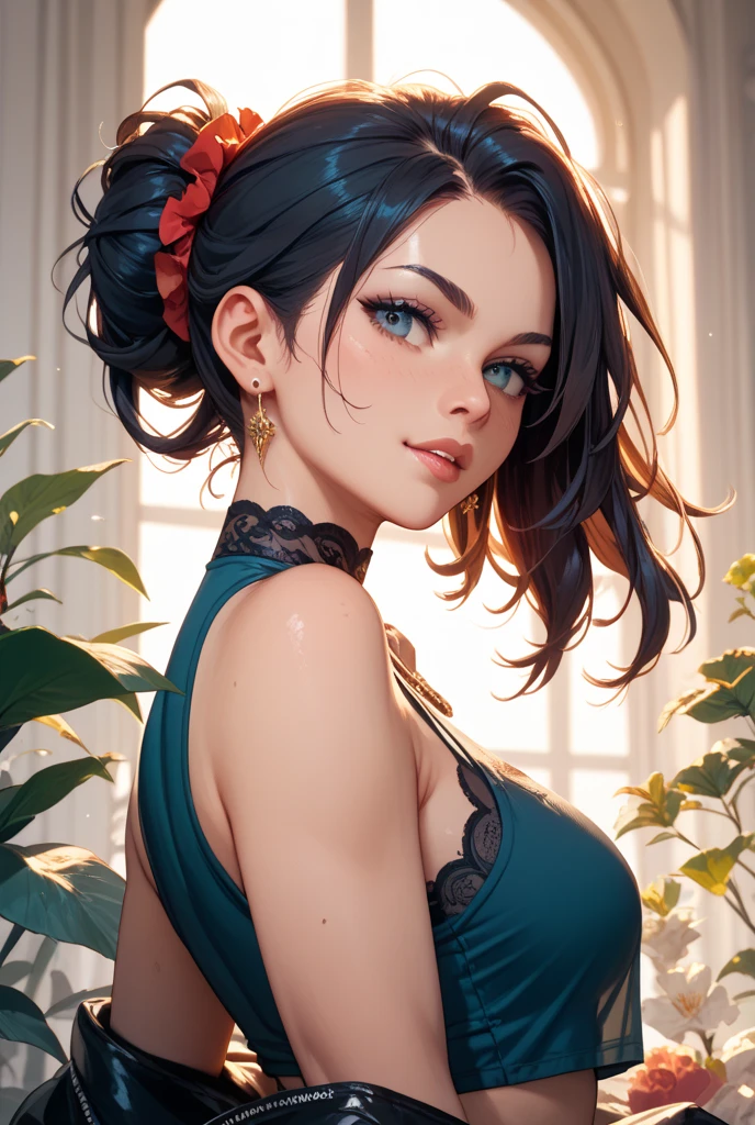 1girl,a beautiful fashion model ,(masterpiece, detailed background, best quality), elegant makeup, hoop earrings, seductive smile, oral invitation, ear blush, full blush, 8k, super detail, ccurate, best quality, award winning, best quality, 1080P, 4K, textured skin, slutty outfit, abs, tan skin, shiny skin, akali, black hair, long ponytail, hair between eyes, blue eyes