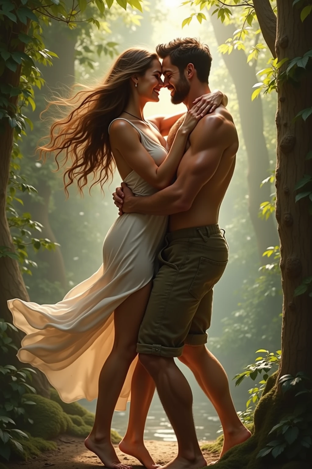 a beautiful woman being carried by a handsome man in a magical forest scene