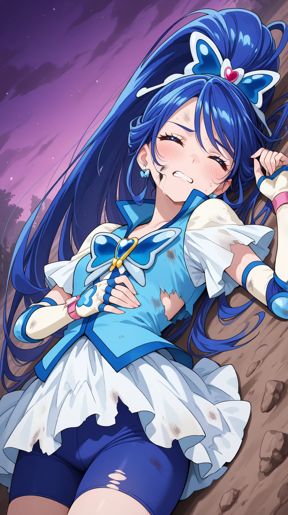 (masterpiece:1.3), (High Quality:1.3),１girl with long hair(1girl: Cure Aqua Go  ,blue hair,wide ponytail,Long Hair,blue eyes,earring,White Dress,blue vest,butterfly hair ornament,butterfly brooch ,White elbow pads,Fingerless gloves,blue shorts),closed eyes,cowboy shot,arenas in battle,Outdoors,dark purple sky,lying on ground,on back,clenched teeth,blush,(dirty clothes:1.2), (ripped clothes:1.4), (damaged clothes:1.4),injured body,Bruises on the face,Feeling defeated,arched back