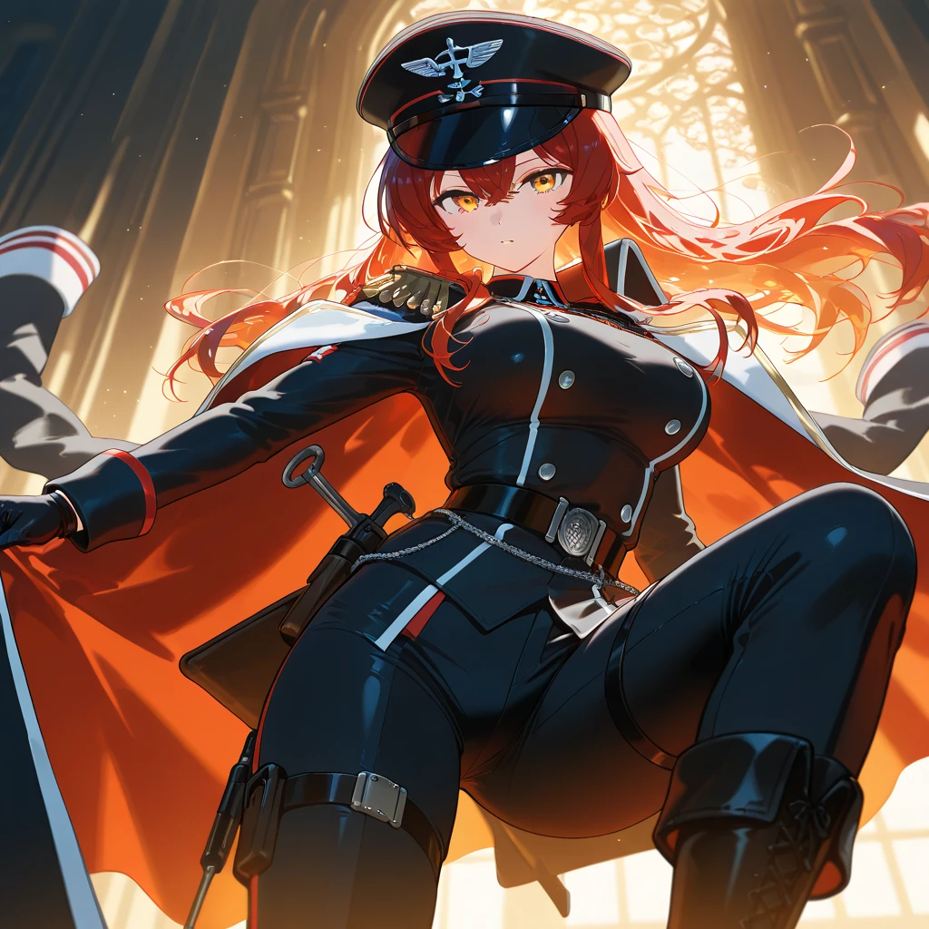 (masterpiece, best quality), Fisheye-shot, from below, <lora:add_detail:0.5>, <lora:Monarch-Azur_Lane:0.8>, black gloves, black legwear, epaulettes, jacket on shoulders, open clothes, peaked cap, purple eyes, red hair, white shirt, white skirt, light smile, closed mouth, sitting with hands around her ankles,