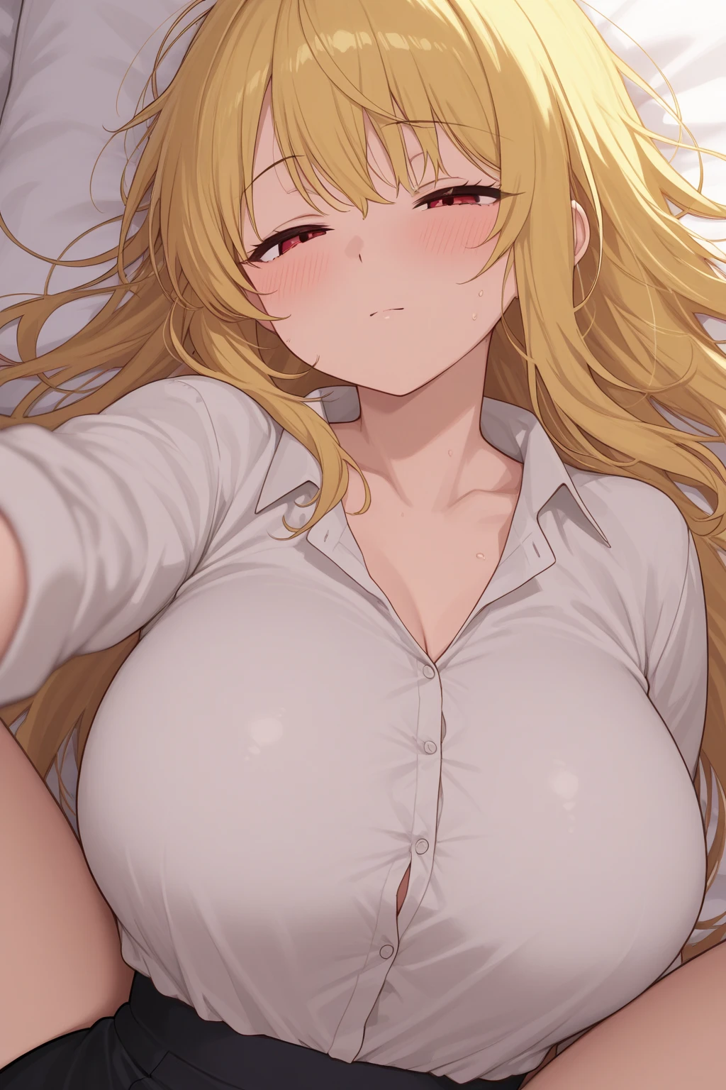 Minecraft Enderman Girl Golden silky straight hair Wearing a beautiful yukata and black underwear Very large breasts The cleavage is visible beautiful Older sister type Tall slender Minecraft World Sleeping in bed Dark blonde Black painted room Anime Style