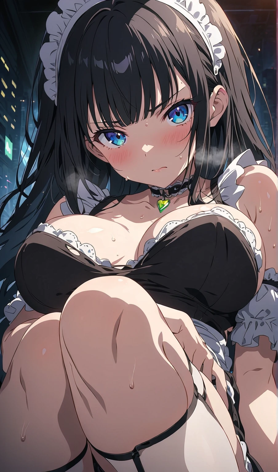 ((8K masterpiece,highest quality)), ultra high resolution, hyper detail, (1 girl), beautiful face, beautiful and delicate eyes,((green eyes)),Big eyes,shining eyes of light,Thin and long eyelashes,detailed light,((black hair)),((Bangs Patsun)),((long twin tails)),big breasts,(very large thighs),thin waist,blush,(grinning smile),troubled face,(please open your mouth wide),black gothic  dress,Red pumps,Red earrings,Rose,Ribbon hair fastening,bed,kawaii,((Monotone room)),Kinky beauty,Danmei,Inside the castle,princess,((Lie down with your arms on the pillow)),lure,motion blur,Depth of written boundary,spectacular panoramic view