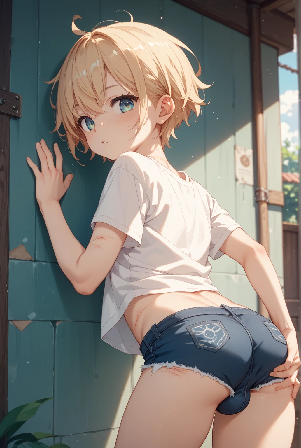 masterpiece, best quality, high quality, 1boy, solo, male focus, looking at viewer, full body, subaru_uchimaki, , tank top, satin white shorts, white spiky hair, blue eye,