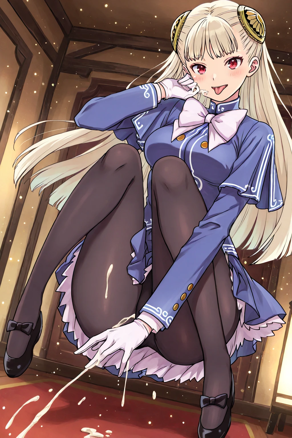 Masterpiece, best quality, high resolution, high heels, (Ingrid), hair pods, gloves, skirts, ((panties under pantyhose:1.3)), bows, dresses, (lying, spread legs, imminent vaginal, sex, missionary, face to face, pov), (nsfw:1.5), aroused, closed eyes, open mouth, (blush), ((nature))