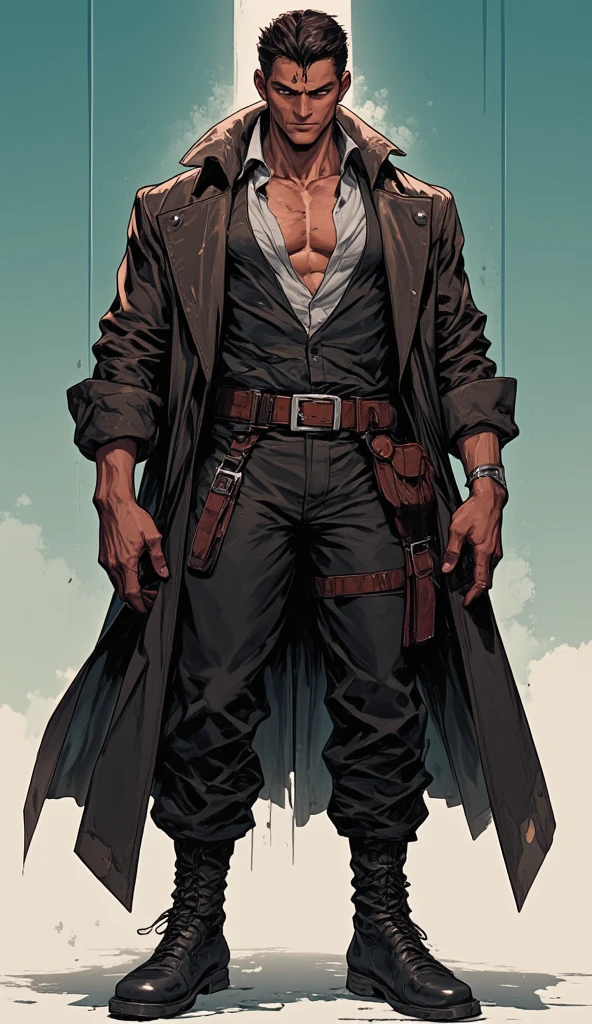 A young man with long white dreadlocks, dark skin, a melancholic expression, drooping eyelids and eyebrows, a lean face, a thin yet sturdy build, a tattered and ill-fitting light blue fantasy-style adventurer's shirt with short sleeves, revealing his abs, a silver breastplate on his left chest, a large sword is strapped to his back, a yellow belt, white coarse cloth trousers, stands nervously in a fantasy-style western town, this character embodies a finely crafted fantasy-style adventurer in anime style, exquisite and mature manga art style, dramatic, high definition, best quality, highres, ultra-detailed, ultra-fine painting, extremely delicate, professional, perfect body proportions, golden ratio, anatomically correct, symmetrical face, extremely detailed eyes and face, high quality eyes, creativity, RAW photo, UHD, 32k, Natural light, cinematic lighting, masterpiece--perfect, masterpiece:1.5